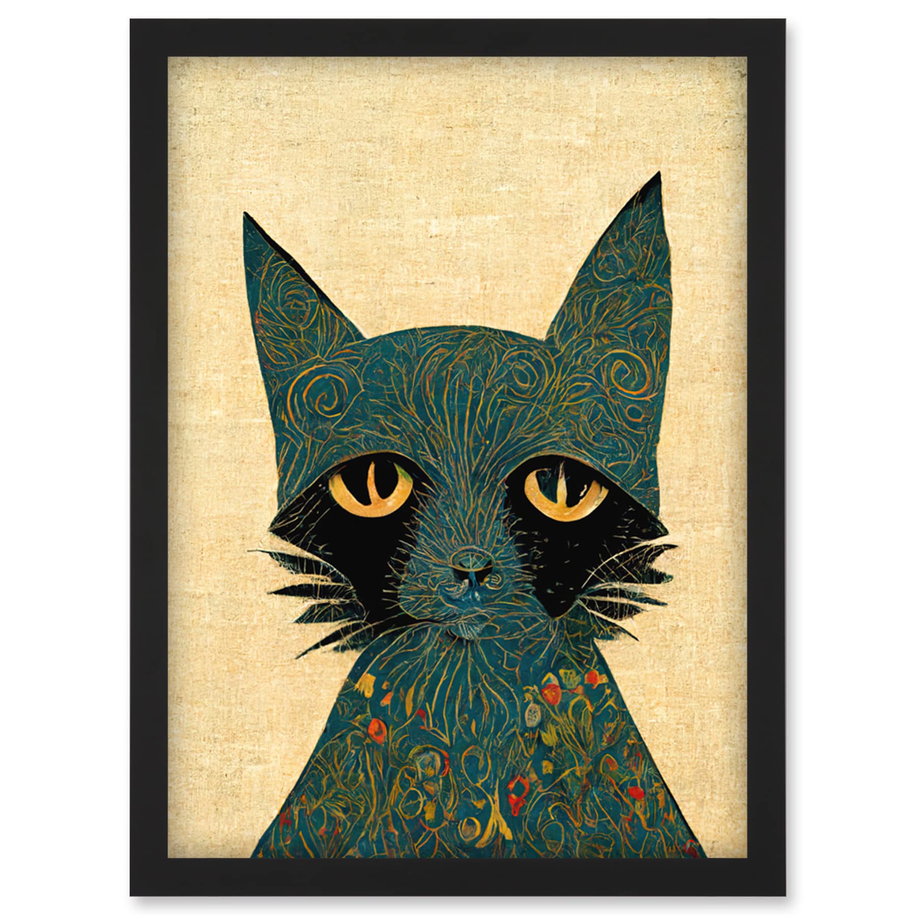 Doppelganger33 LTD William Morris Style Floral Blue Cat Artwork Framed Wall Art Print A4