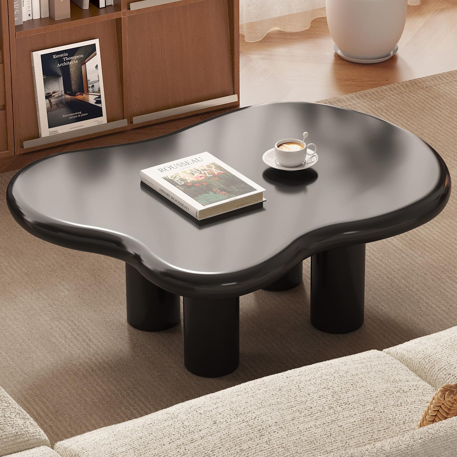 Cloud Shape Coffee Table, 35.43" Modern Cute End Table for Living Room, Bedroom, Cartoon Indoor Center Table with 4 Legs, Easy Assemble, Black