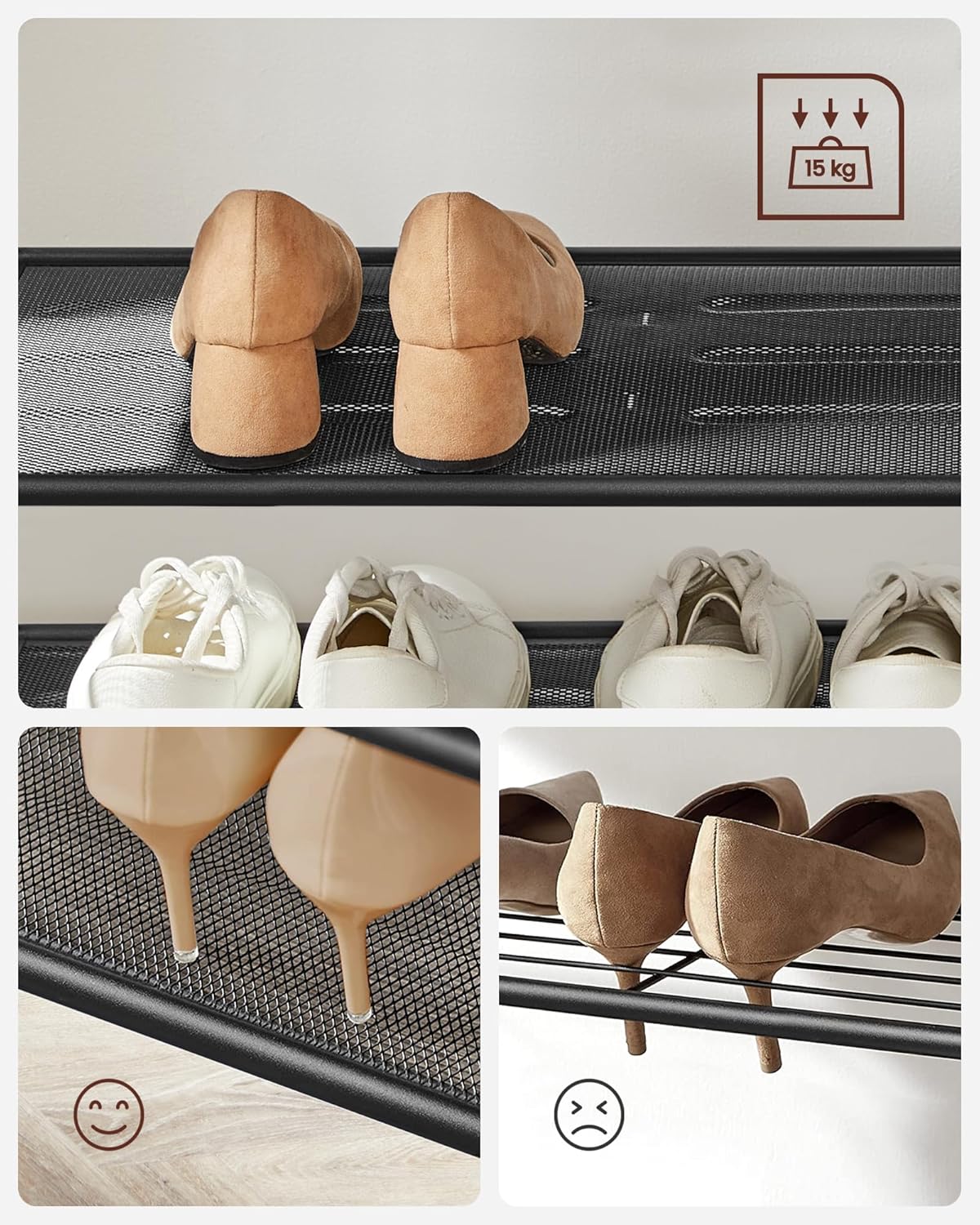 Close-up of mesh shoe shelves