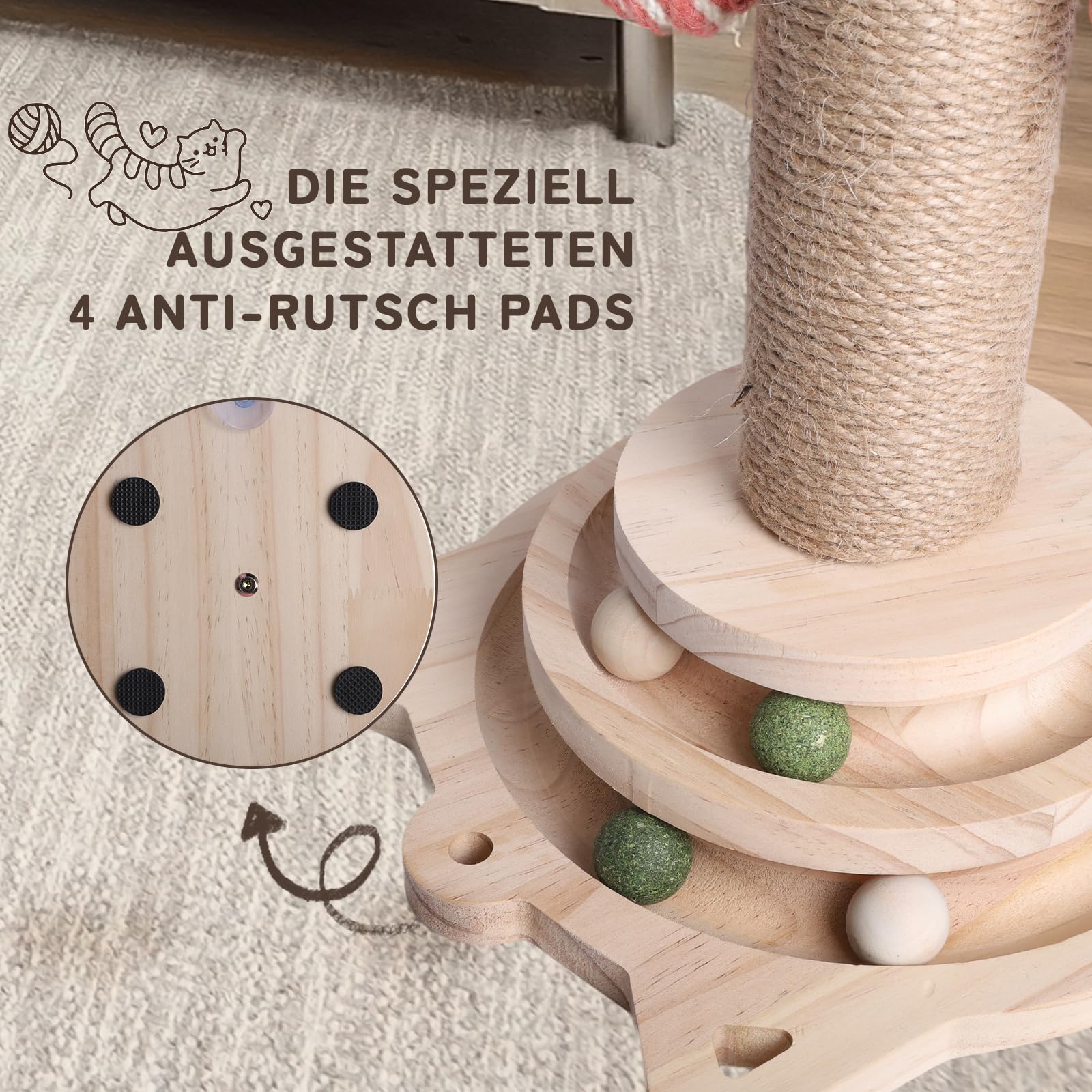 4 in 1 Interaktives Katzenspielzeug Selbstbeschäftigung, Katzenspielzeug Holz Sisalseil Kratzbaum mit Hängenden Kugeln, Intelligenz Katzen Spielzeug, Spielzeug Katze Intelligenz mit Frühling