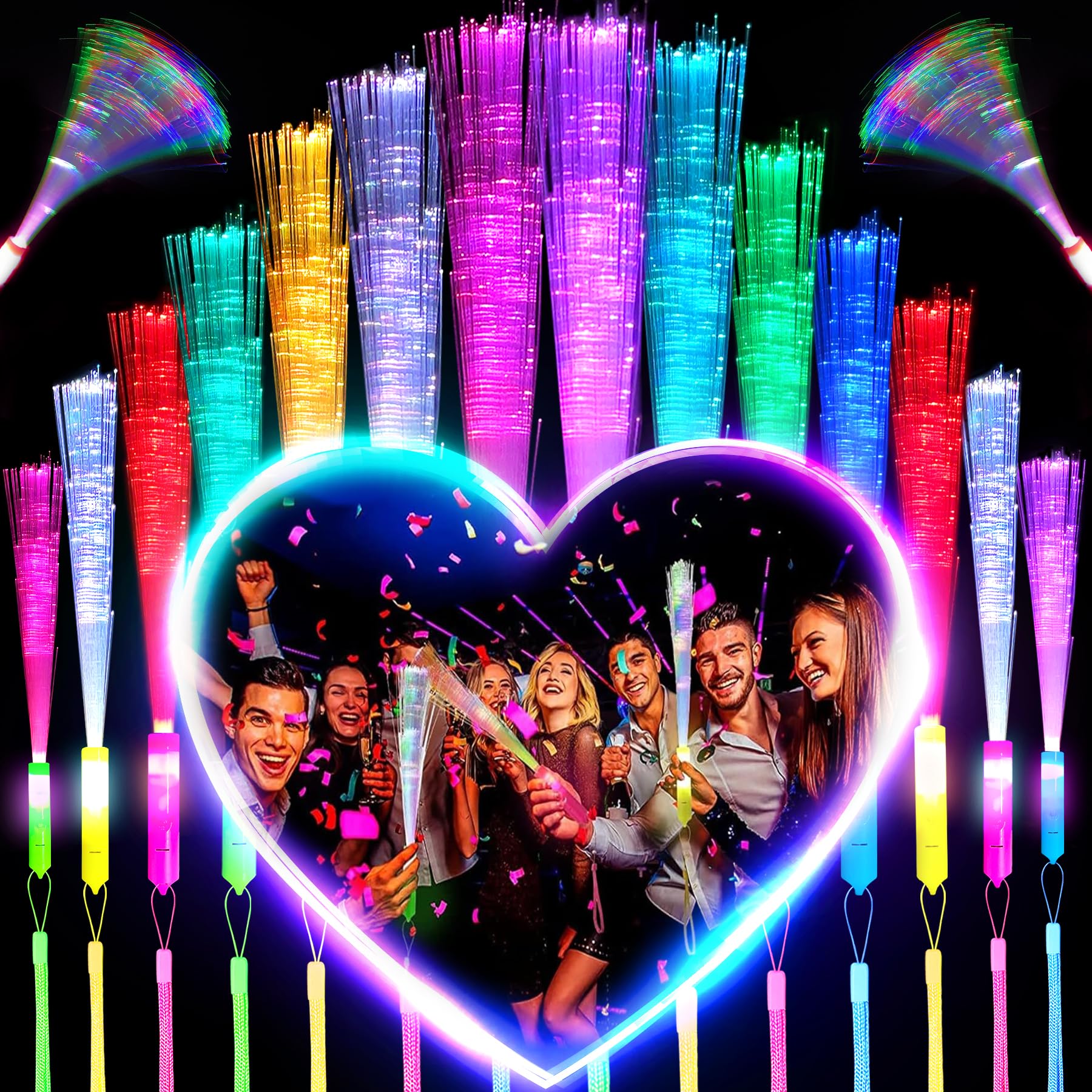 YeahBoom 36 Stück Leuchtstäbe Partyzubehör, Bunte Glasfaser LED Set, Leuchtwedel Party Set Mit Multicolor Licht für Konzert, Hochzeit