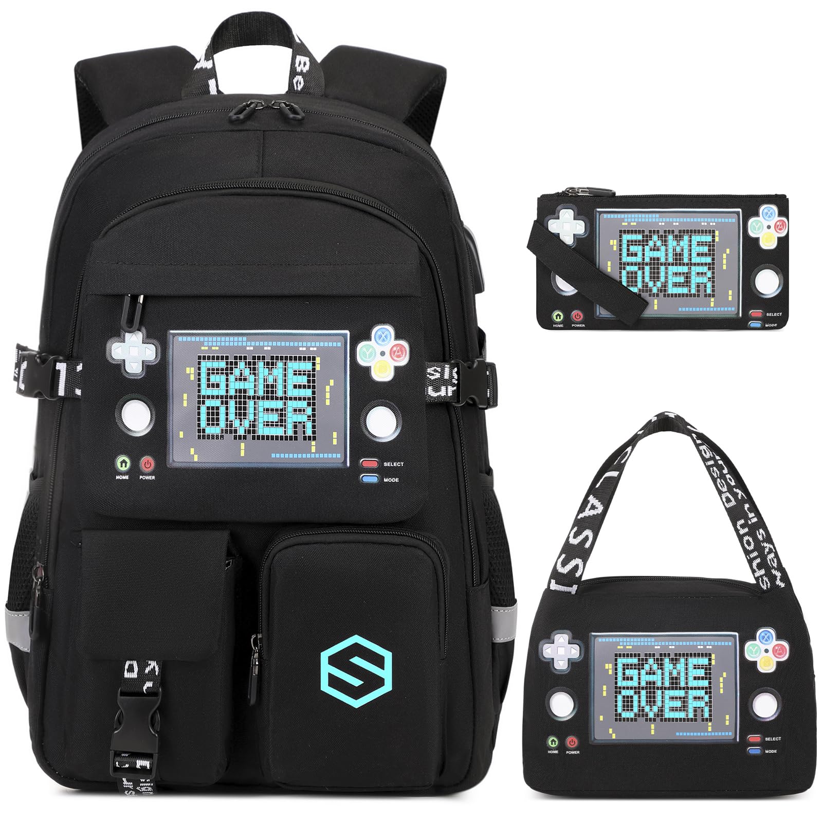 Scothen Boys Backpack, Cool Luminous School Backpacks for Boys with Lunch Bag Pencil Case, Kids Backpack Kindergarten Elementary Middle School Book Bags for Teen Boy Children with USB Charging Port