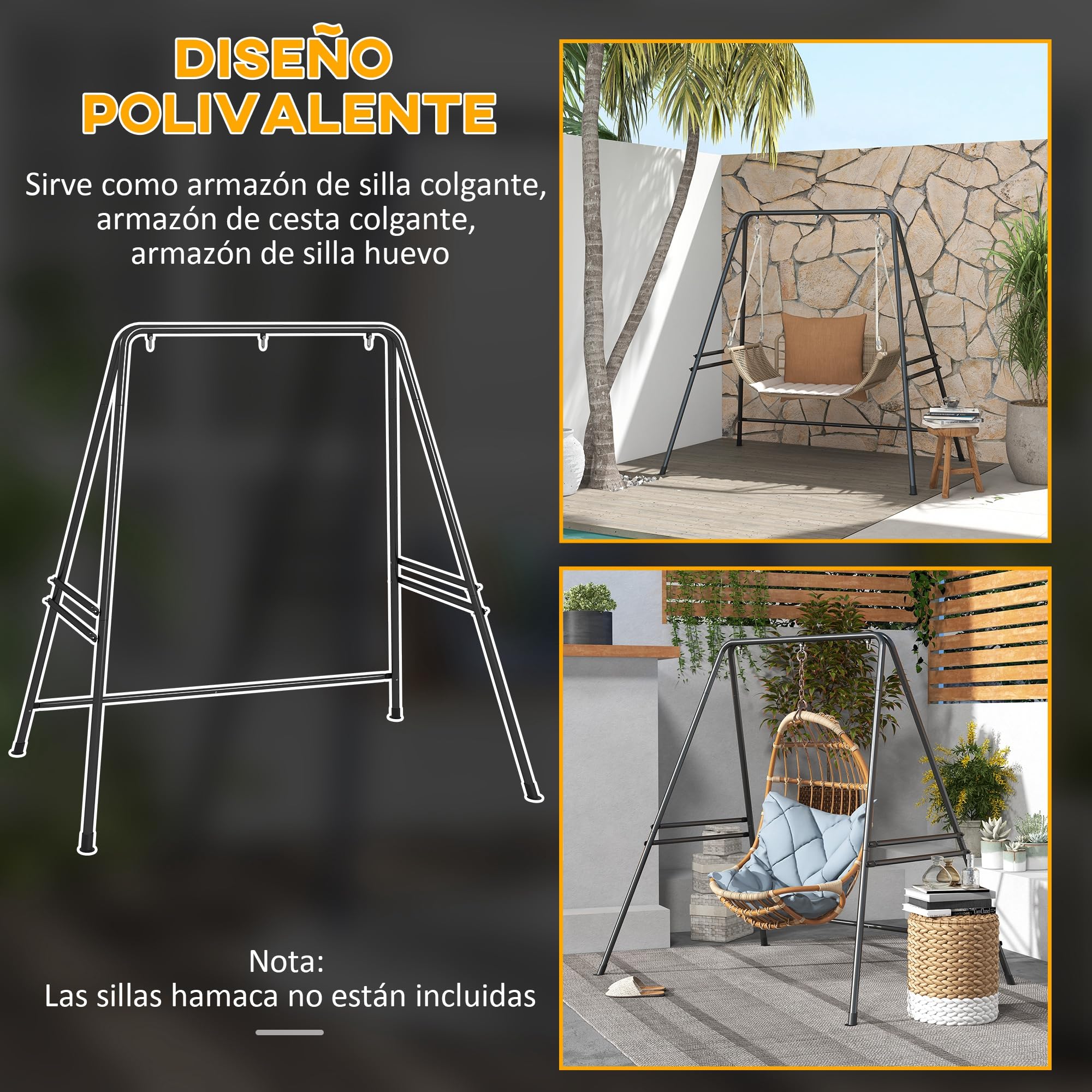 Outsunny Soporte para Silla Colgante Sostén para Columpio con Marco de Acero Carga 150 kg para Patio Terraza Balcón Jardín Negro