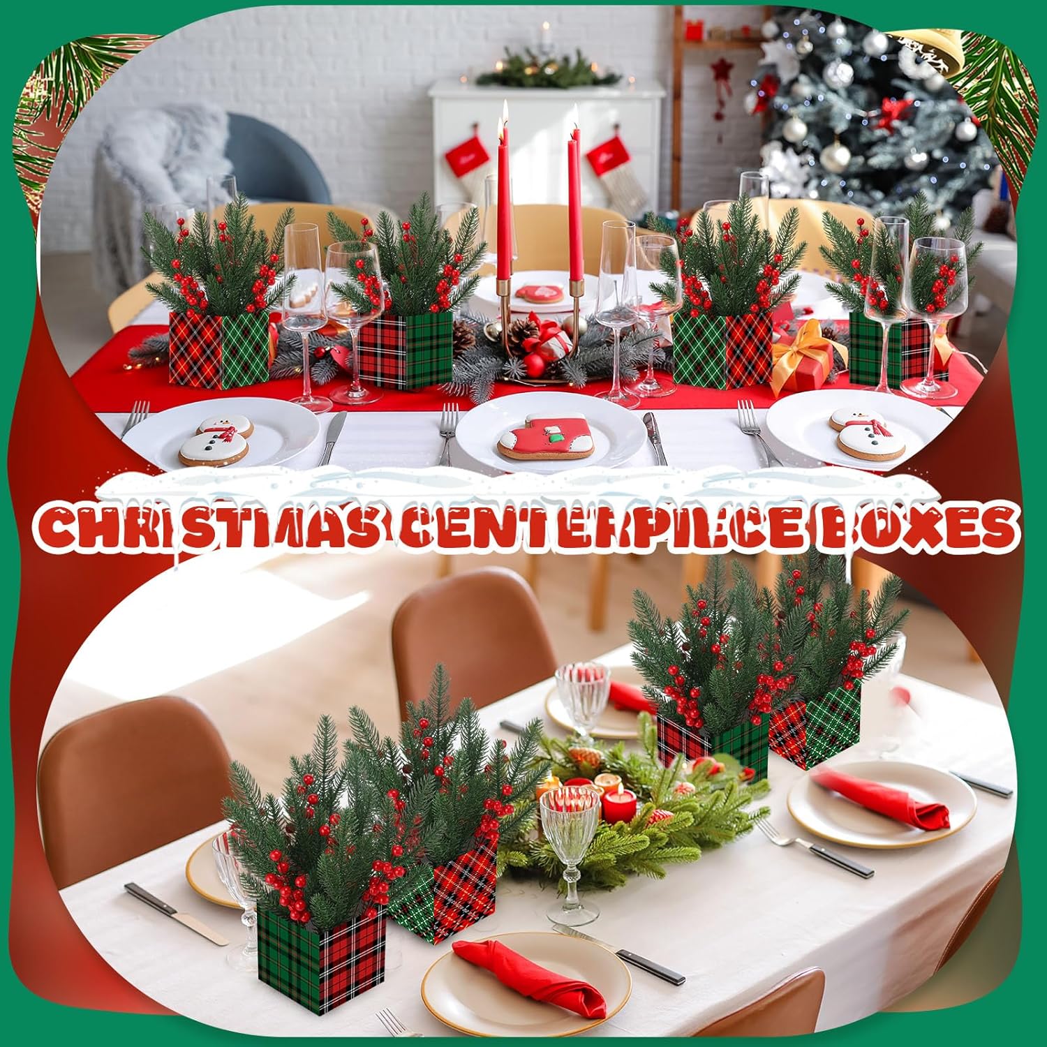 Zeyune 8 Set Christmas Centerpiece for Table Bulk, 4.7 Inch Xmas Centerpiece Decoration Ideal with Artificial Pine Branches and Red Berries Stems for Xmas Party Indoor Home Decor (Christmas Plaid)