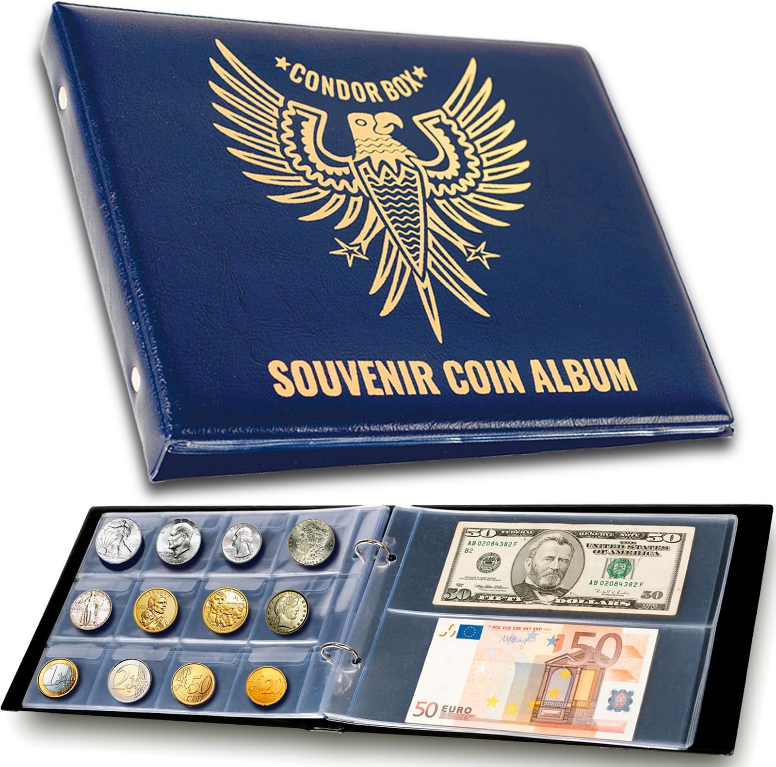 3in1 Coin Holder Album 180 Pockets - Paper Money Collection 10 Pockets - Large Storage Book for Collectors and Great for Gold Silver Dollars Dollar Bill Currency Quarters Penny Foreign Coins (Dark