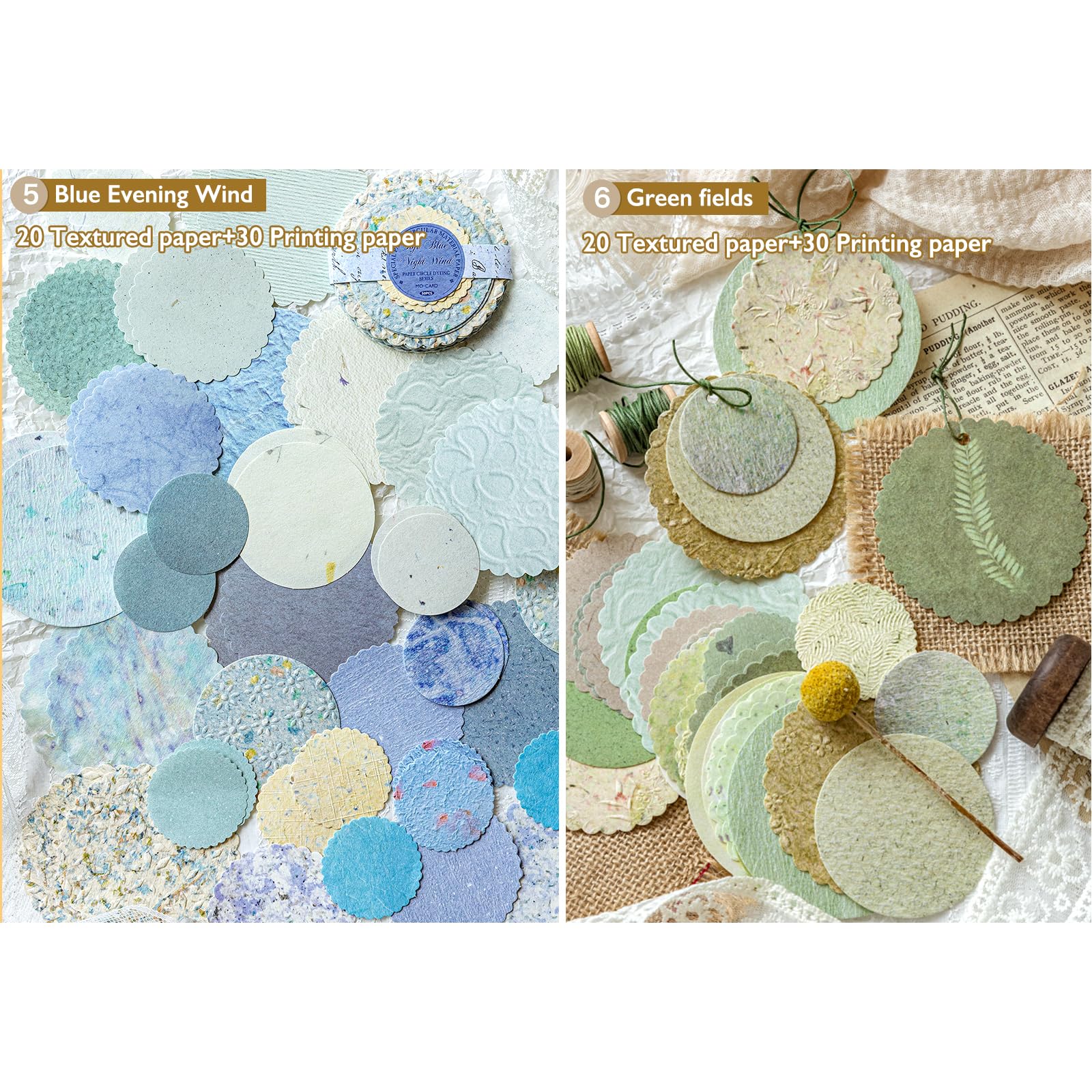 300 Stück rundes Scrapbook-Papier – 6 Stück, geprägtes, strukturiertes und bedrucktes Reispapier, Spitzenrand, verschiedene spezielle Karten, Mischung für Scrapbooking, Junk, Journaling, Zubehör