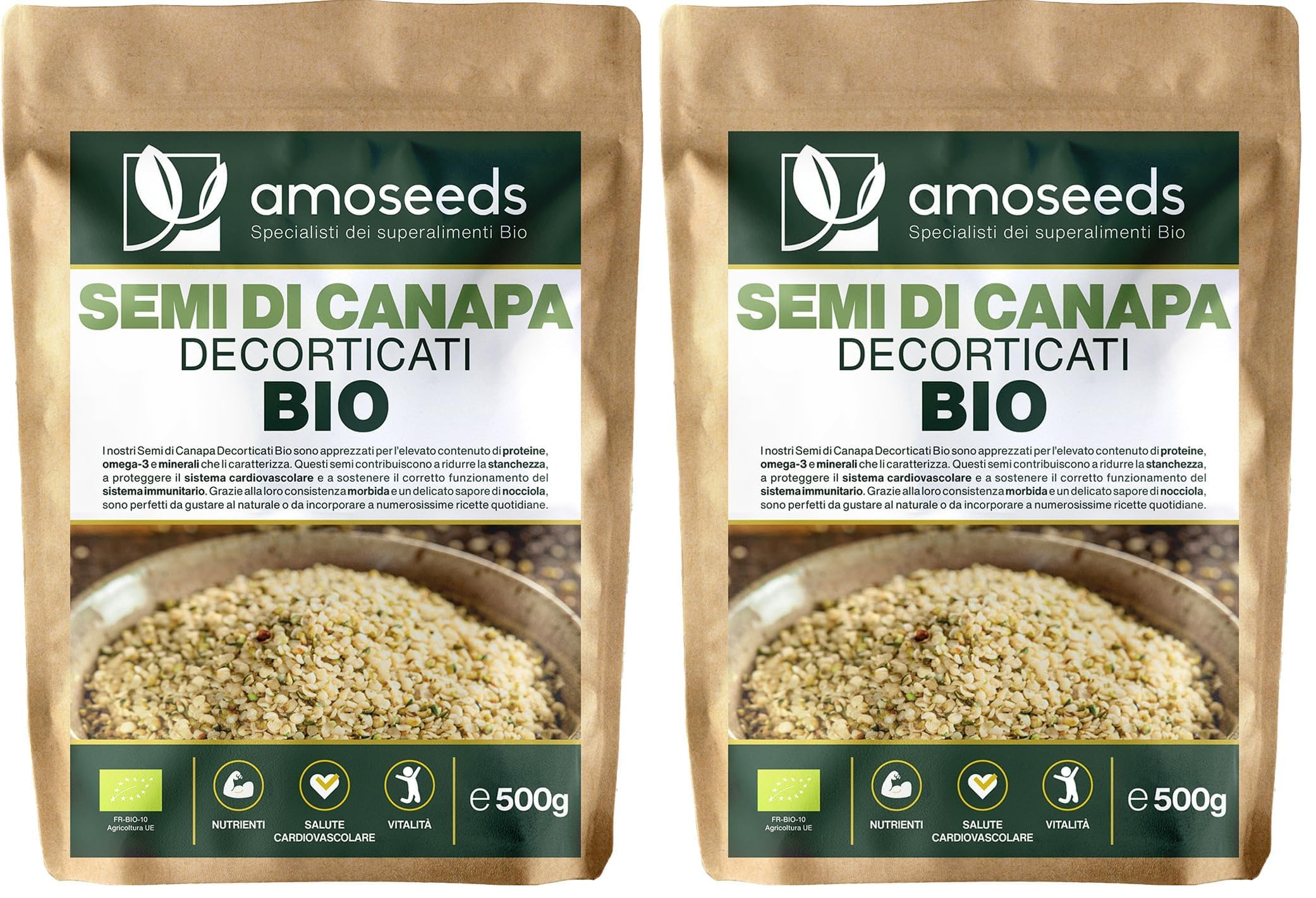 Semi di Canapa Decorticati Bio 500 g | Origine UE | 100% Hemp seeds naturali e crudi | Senza Glutine | Qualità superiore (Confezione da 2)