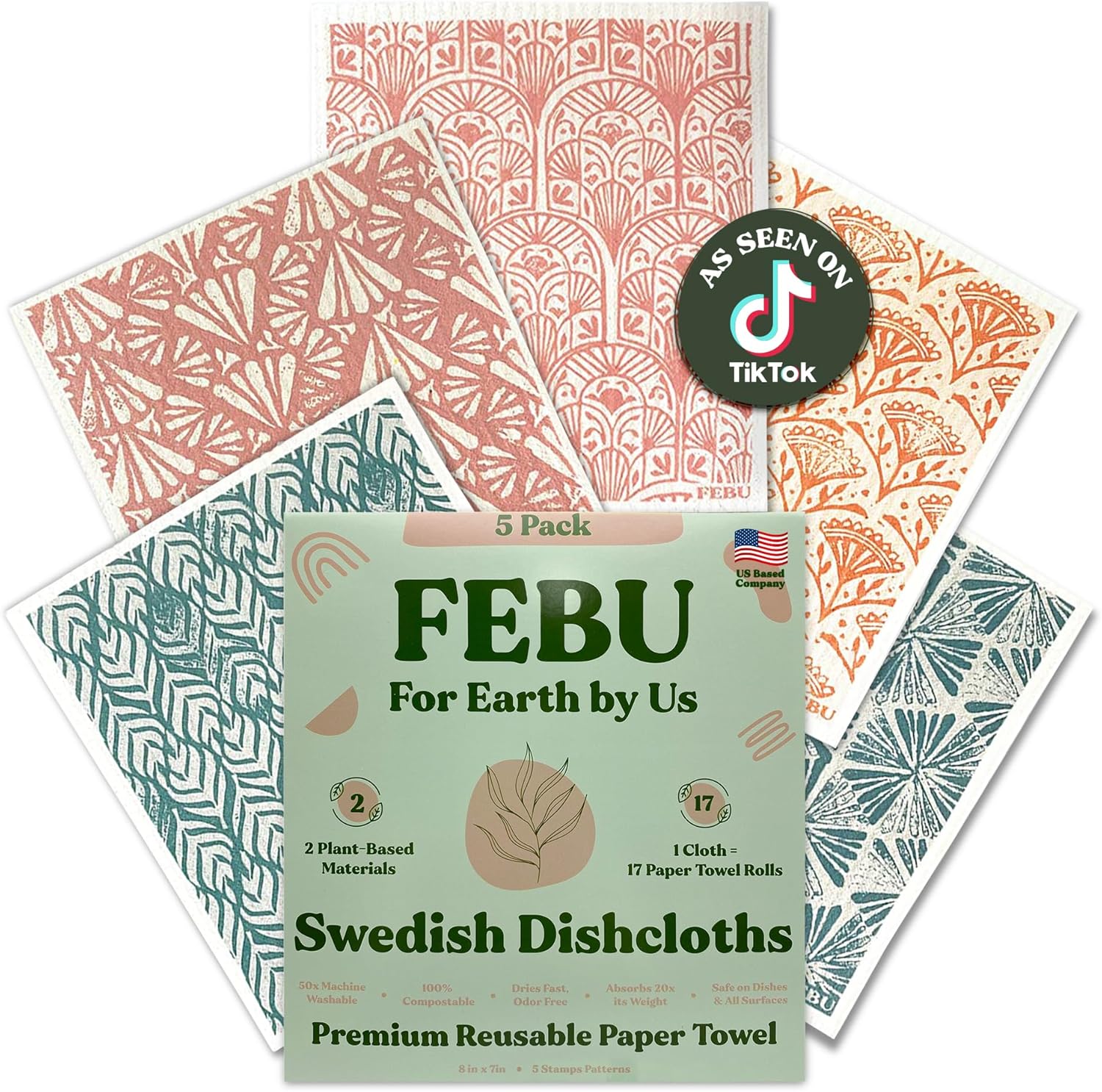 FEBU Swedish Dishcloths for Kitchen | 5 Pack Stamps Reusable Paper Towels Washable | Swedish Dish Towels | Non-Scratch Cellulose Sponge Cloths | No Odor, Biodegradable Cleaning Cloths