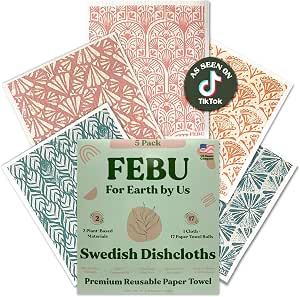 FEBU Swedish Dishcloths for Kitchen | 5 Pack Stamps Reusable Paper Towels Washable | Swedish Dish Towels | Non-Scratch Cellulose Sponge Cloths | No Odor, Biodegradable Cleaning Cloths
