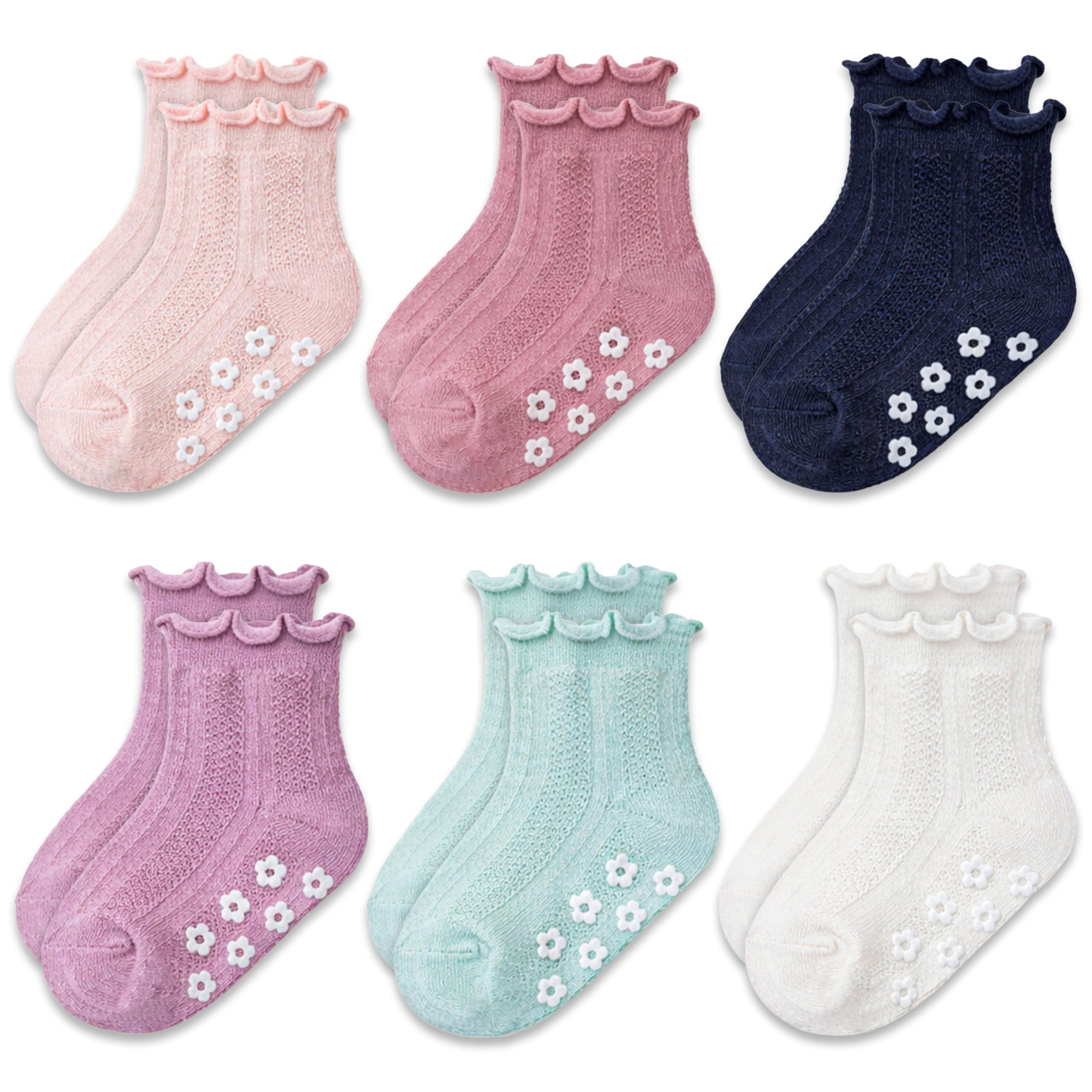 Mother's Choice Pastel Pink Organic Cotton Baby Socks 6 Pairs - 6-12 Months Non-Slip Grip Socks For Infants & Toddlers, Soft Breathable Anti-Skid Socks With Cute Ruffle Design