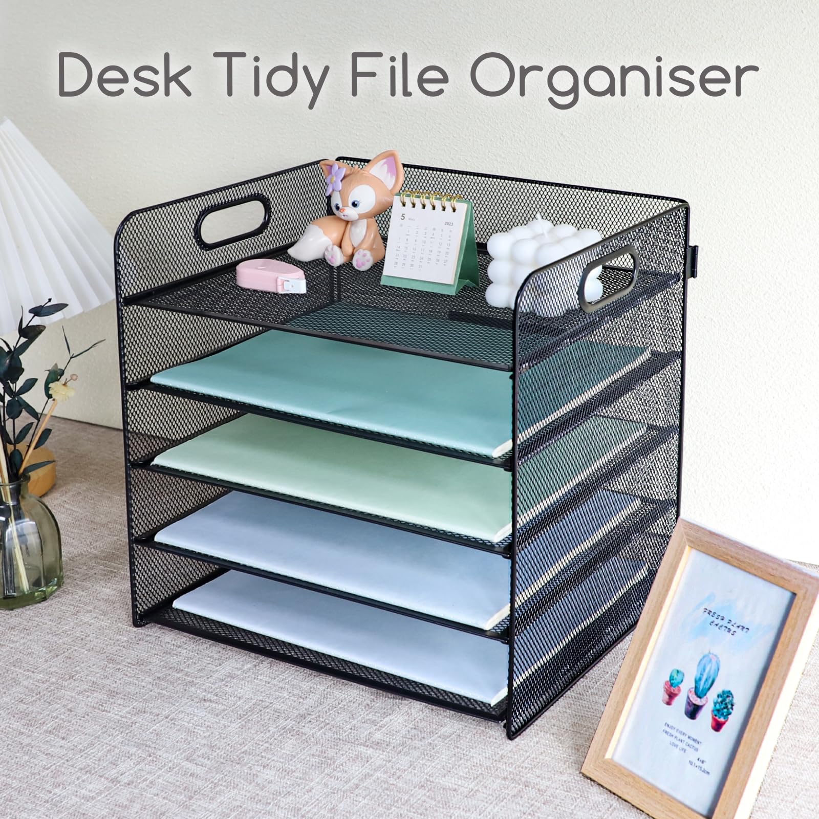 Organizador de papel de 5 niveles, bandeja de malla para cartas, revistas, archivos, almacenamiento para oficina, escuela, hogar, color negro