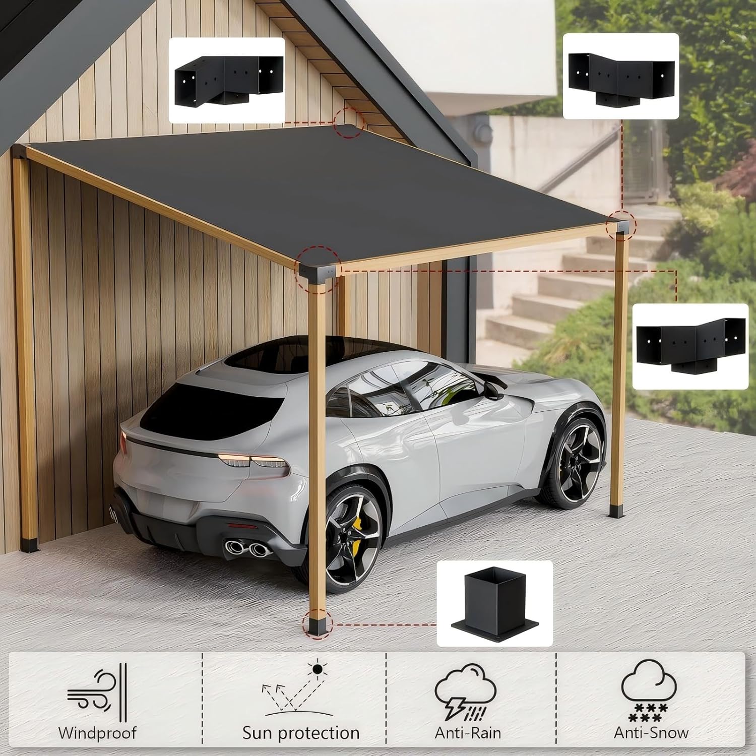 15° &75° Angled Pergola Brackets Kit, 3-Way Bracket with Post Base Kit for Log Cabin Outdoor for 4"x 4" (Actual 3.5" X 3.5") Wooden Beams Lumber Sheds Gazebos（8 Pcs）