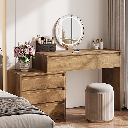 Tribesigns 63" Vanity Desk with 5 Drawers for Bedroom, Makeup Table with Movable 3-Drawer Chest Cabinet & Storage, Modern Large Dressing Table for Women Girl, Make up Desk for Bedroom