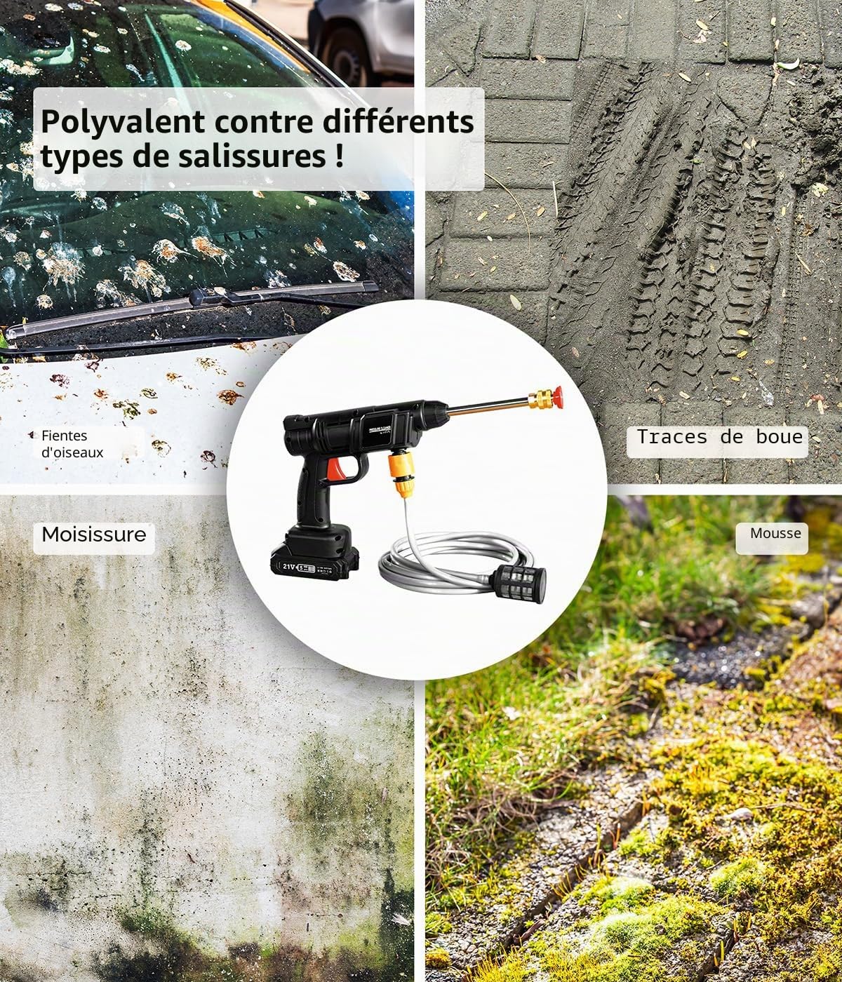 Genius Pressure Cleaner Nettoyeur à Pression sans Fil 12 pièces Pistolet de Lavage Professionnel avec Batterie et Tuyau d'arrosage de 5 m, Nettoyeur à Pression Mobile pour terrasse, Jardin