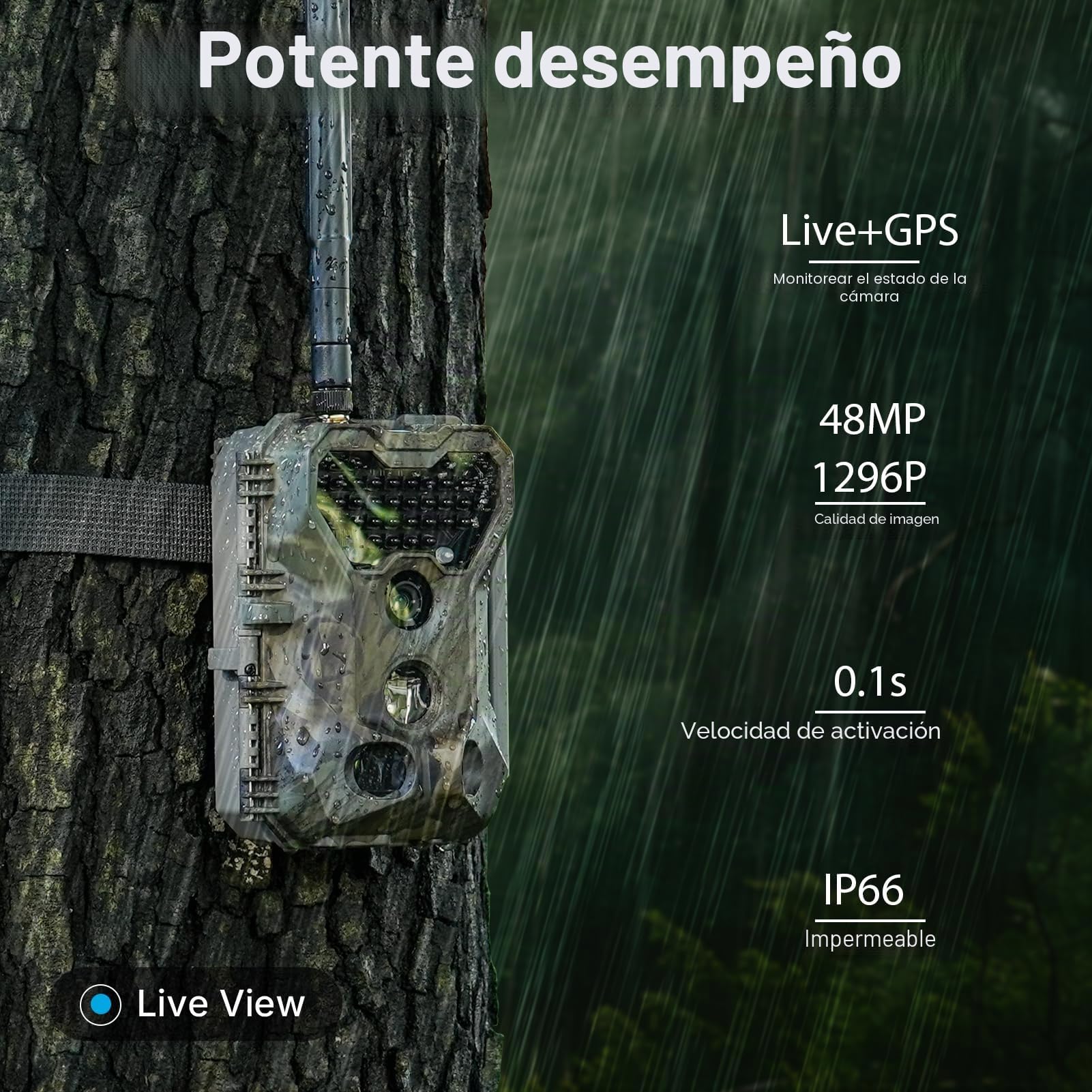 Meidase S970 Pro 4G LTE Cámara de Caza, 48MP 1296P, con Transmisión en Vivo, Visión Nocturna, Activación por Movimiento 0.1s, Transferencia de App, con Batería de 7800mAh y Tarjeta SD 64GB, GPS