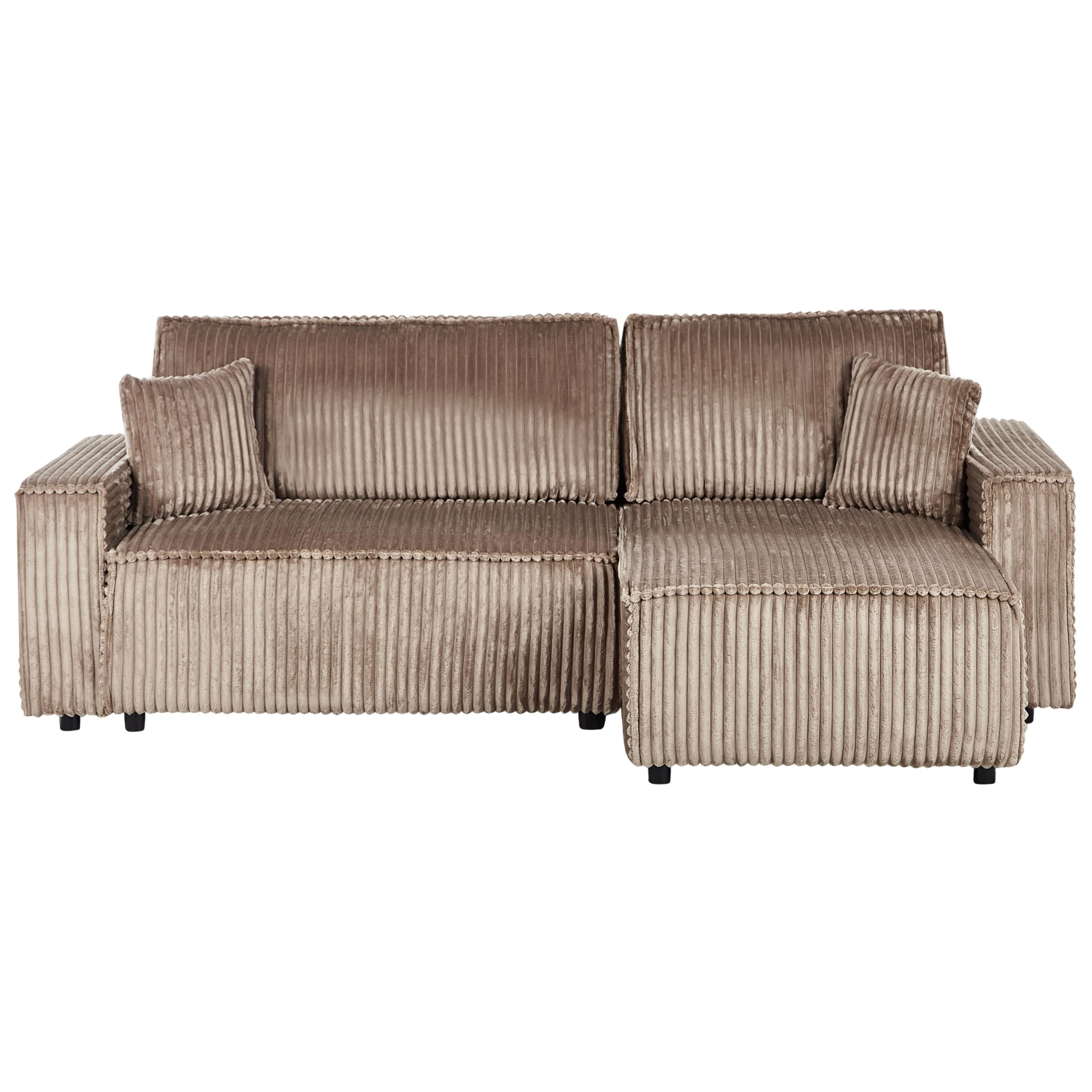 Sofa narożna prawostronna narożnik rozkładany z funkcją spania sztruksowa z poduchami kanapa przyjazna zwierzętom jasnobrązowa Abacka