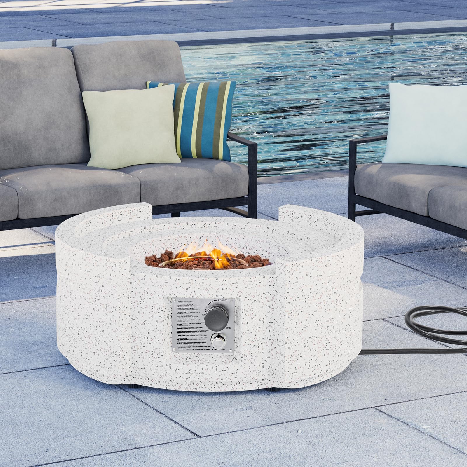 HOMPUS Round Fire Pit Table, Outdoor Propane Fire Pit Table w Free Lava Rocks & Rain Cover, Terrazzo Colorful Fire Pit Table for Patio, Outside