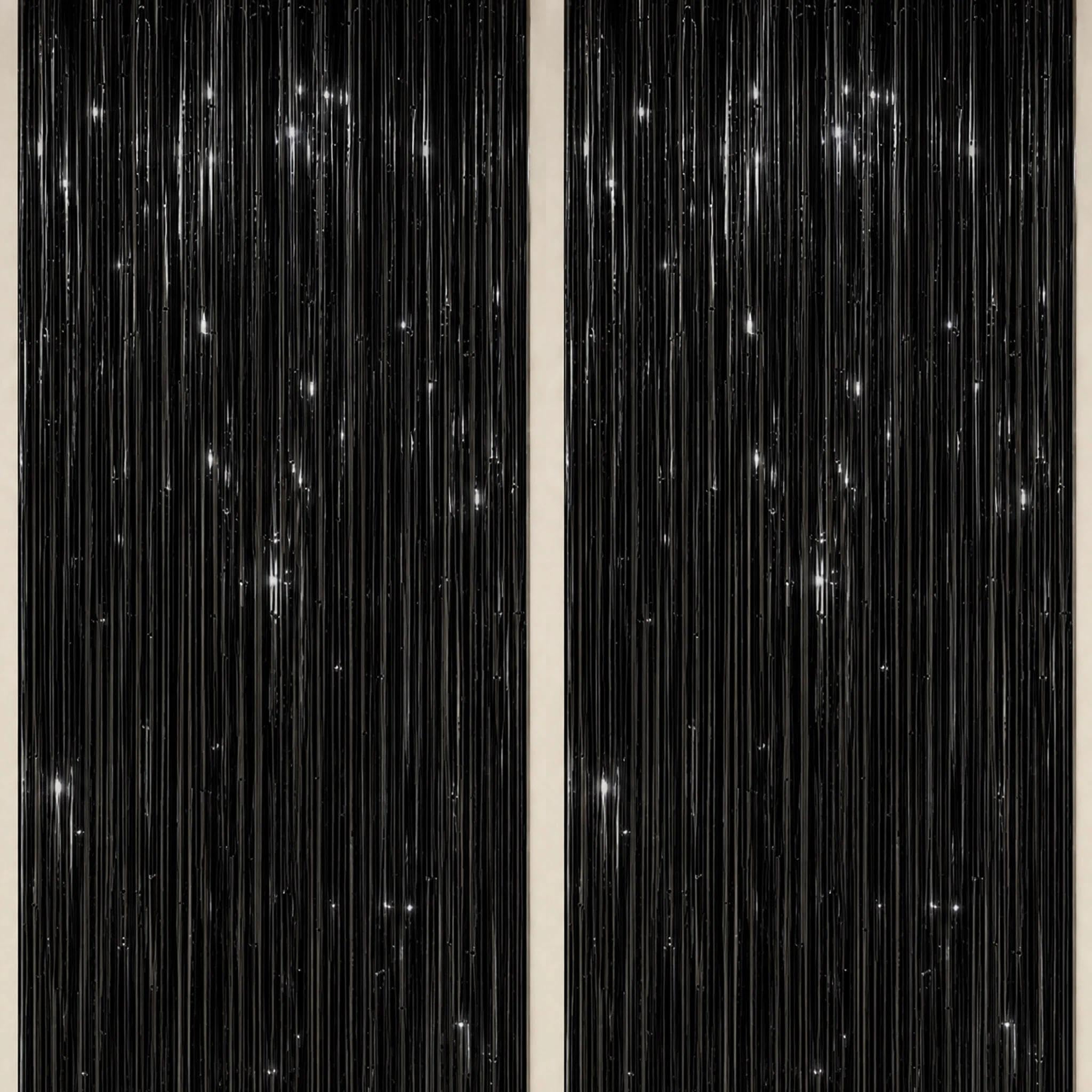 DECOCKRAT 2 Pack Foil Fringe Backdrop - Black Shiny Tinsel Curtains for Party Decoration/Photo Booth Props - 3.3x6.6 FT Metallic Foil Backdrop for Birthday, Wedding, Graduation, Christmas.