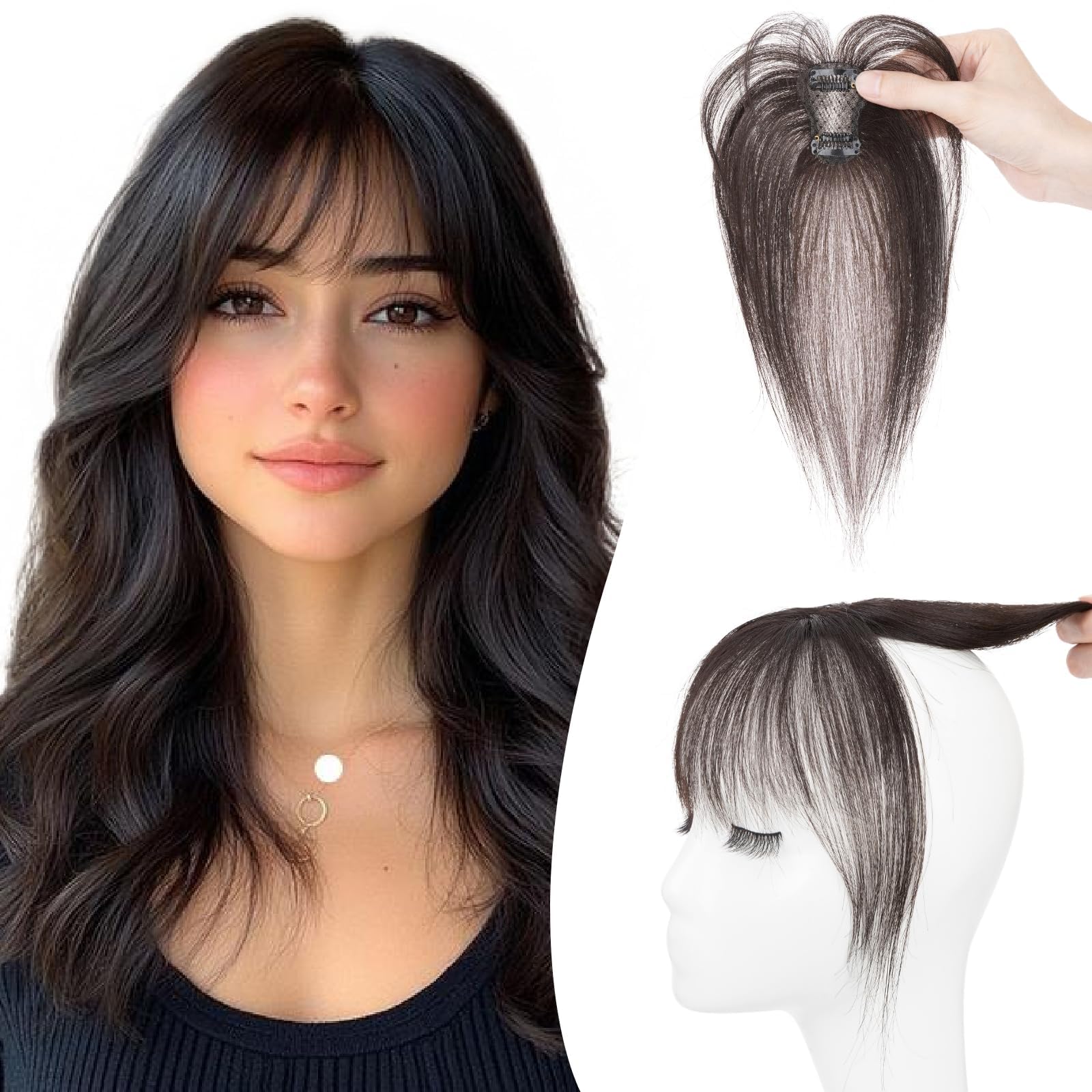 TESSHAIR Bangs Hair Clip Human Hair, 100% Remy Human Hair, No Tangle & Smooth, 4x6 3D Wispy Bangs, 10g # Natural Black