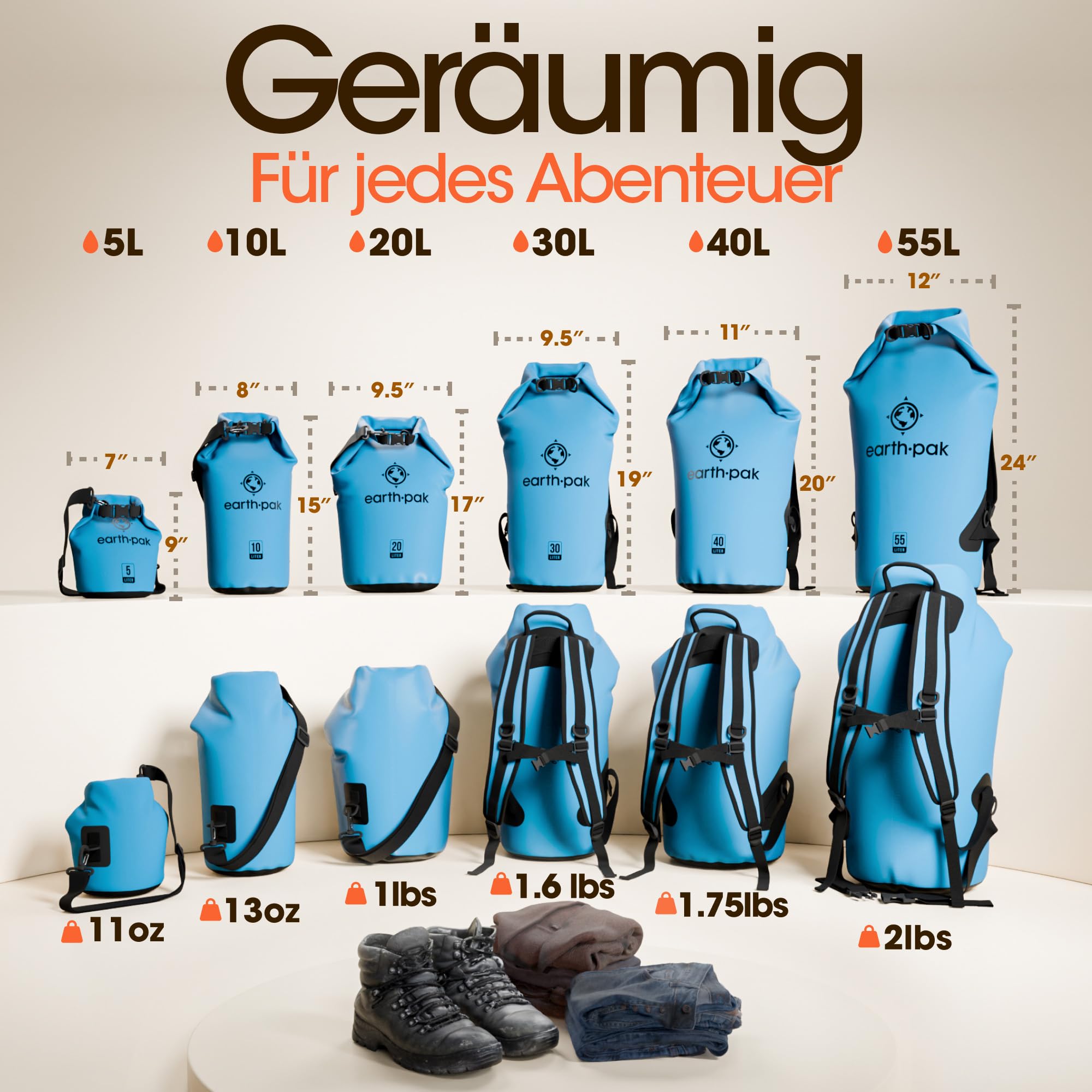 Earth Pak – Wasserdichter Packsack mit Schultergurt und wasserfester Handyhülle – Ideale Rolltop Tasche beim Kajak Fahren, Wandern, Camping, Angeln, Bootfahren und Rafting
