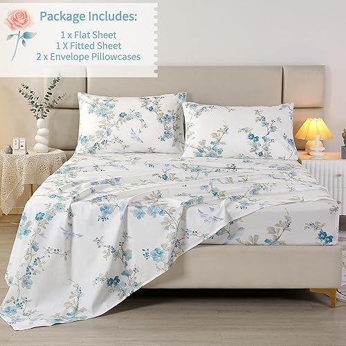 Miniatura 3 de RYNGHIPY Juego de sábanas de flores y pájaros, tamaño Queen, sábanas de algodón egipcio floral botánico, sábanas shabby chic con fundas de almohada,