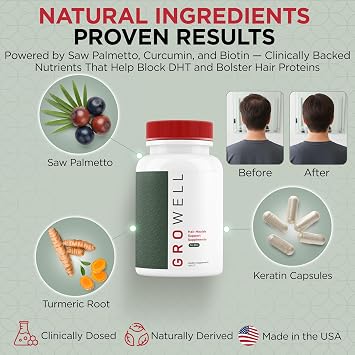 GroWell Hair Growth Supplements for Men Clinically tested for visibly thicker hair and scalp coverage All natural ingredients, saw palmetto to block DHT Drug-free, Safe Doctor recommended