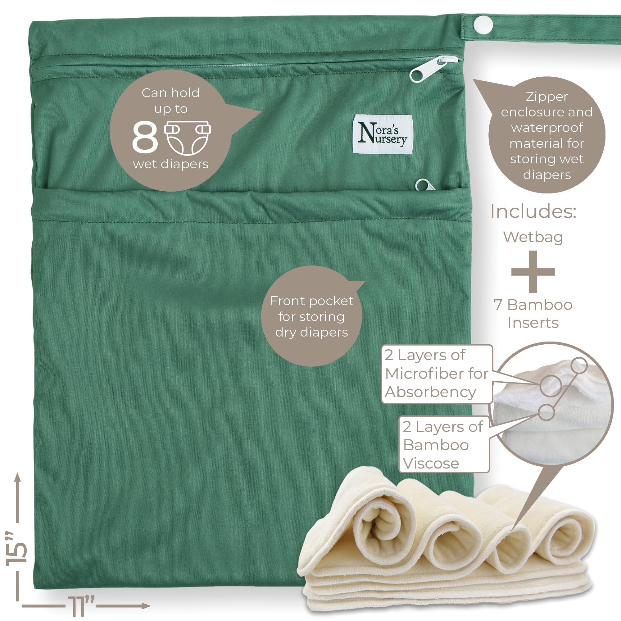 On The Farm Baby Cloth Pocket Diapers 7 packs, 7 inserts Bamboo Inserts, 1 Wet Bag by Nora's Nursery