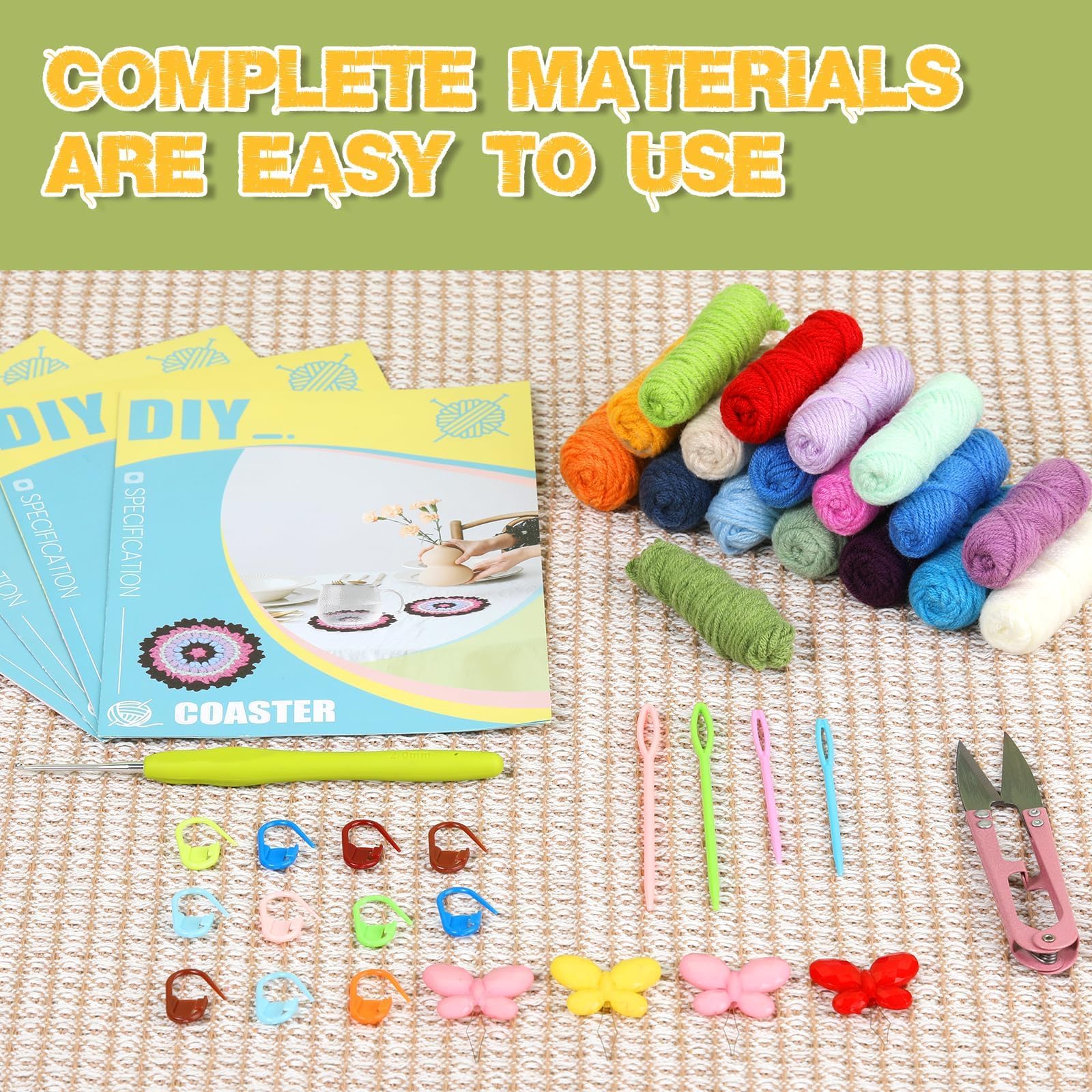 BUOKKON Kit Uncinetto Per Principianti, 87 Pezzi: 12 Matassine, Ganci Ergonomici, Accessori E Borsa, Completo