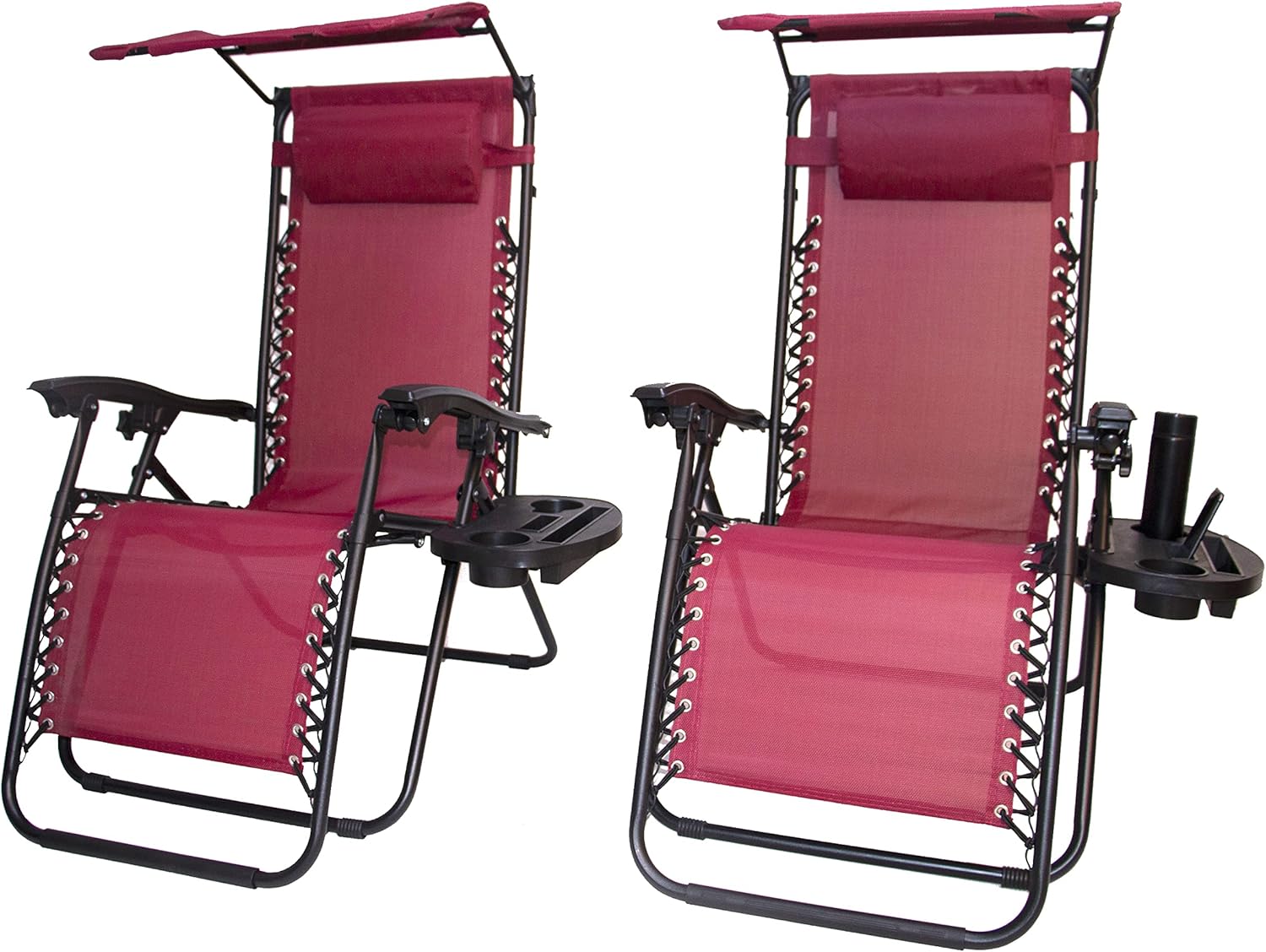 BTEXPERT Set of 2, Adjustable Steel Mesh Zero Gravity Lounge Chairs Case Outdoor Patio Recliner Beach Yard Garden with Pillow Sunshade Utility Tray Cup Holder (Red Burgundy with Canopy)