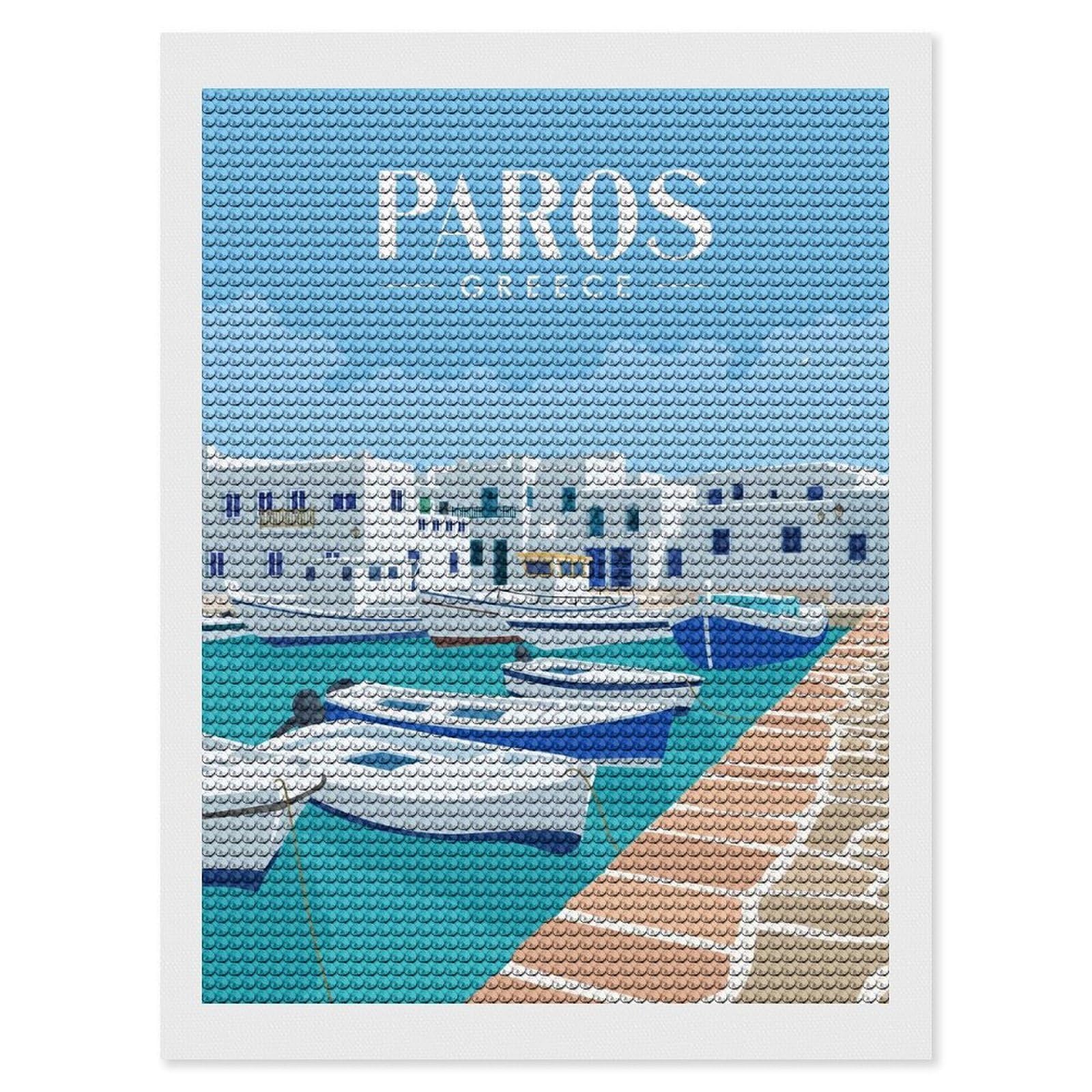 Junmoney Paros Greece and Boat Diamond Painting Canvas Set 12"x16", for Adults, Sparkling Round Gems, Thoughtful Handmade Gift, Modern Decor
