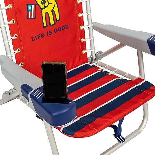 Miniatura 9 de Life is Good Silla de playa con mochila con cordones de 4 posiciones con almohada, taza y soporte para teléfono, rojo desteñido