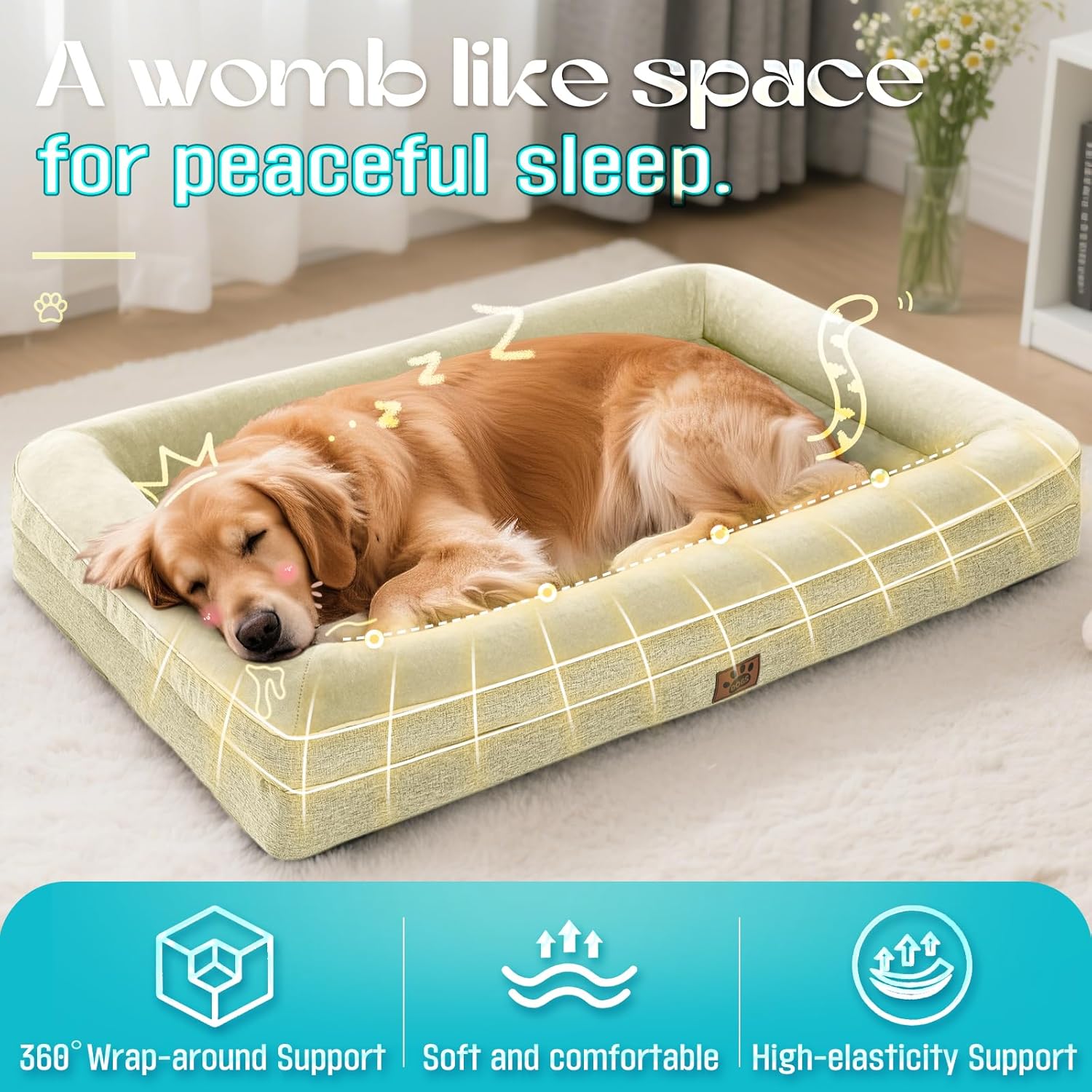 Waterproof Memory Foam Dog Beds for Extra Large Dogs Non-Slip Orthopedic Dog Beds Washable Couch Pet Bed with Removable Cover (Beige, Large)