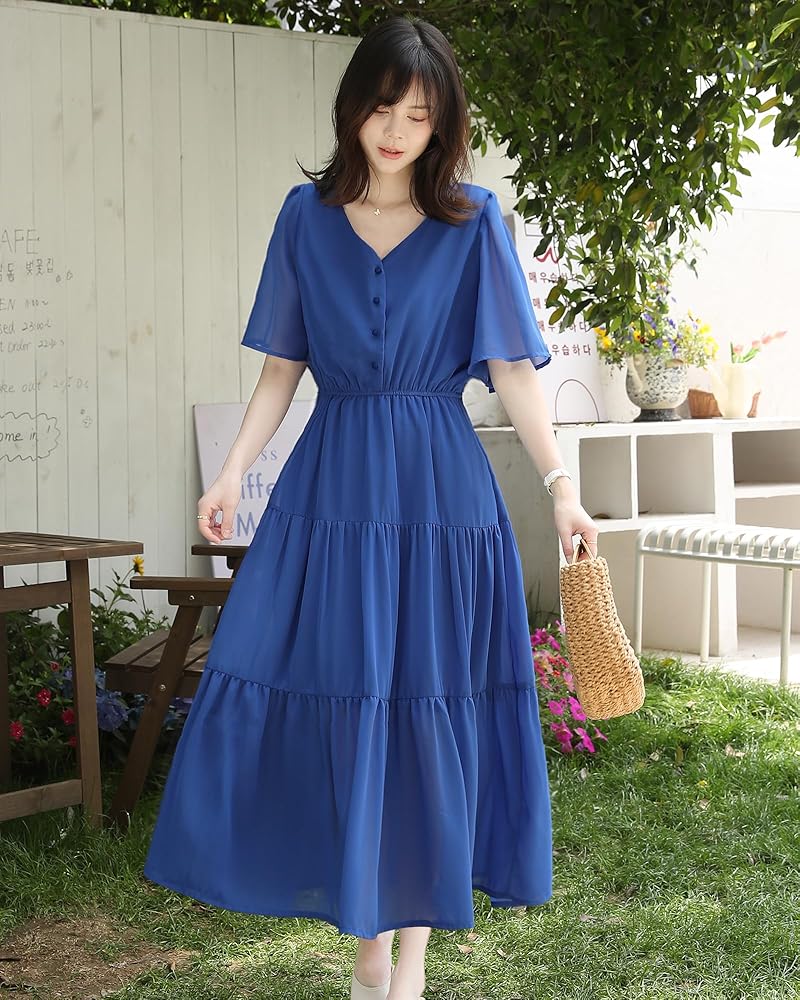 Amazon.co.jp: ワンピースレディースロングワンピース半袖フレア