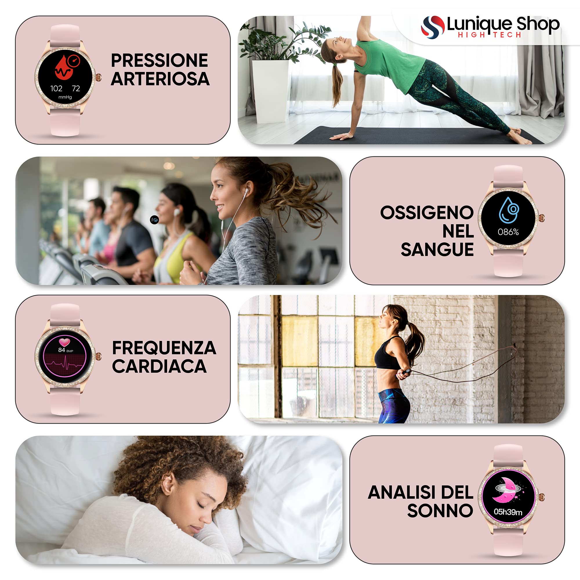 Smart Watch Donna Intelligente Brillante LSLUXE Rotondo | Orologio Fitness Tracker con GPS | Contapassi | Cardiofrequenzimetro | Saturimetro (SpO2) | Sonno Smart Band per Android iOS (Oro)