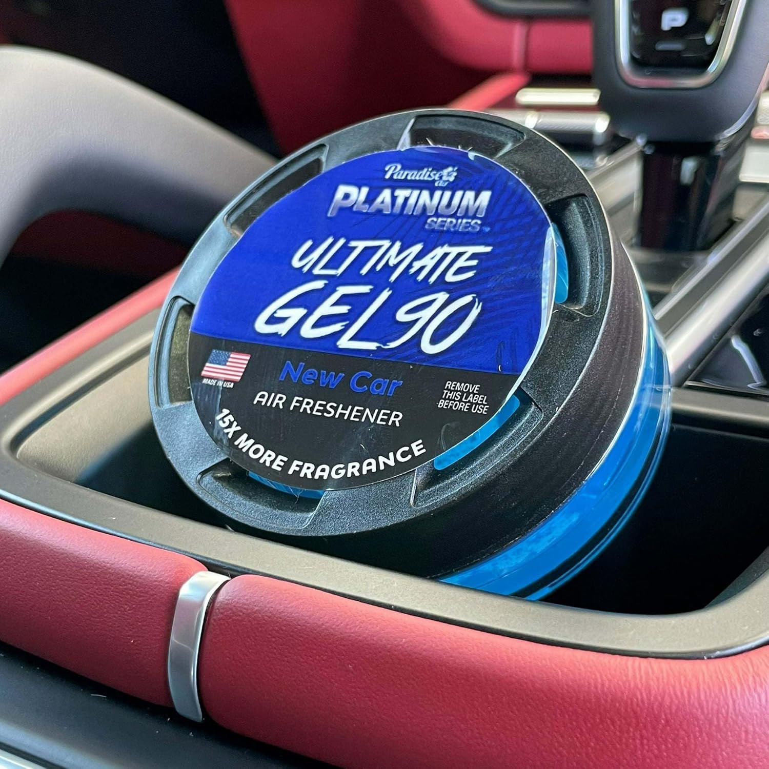 Paradise Air Platinum Series Ultimate Gel 90 Air Freshener for use in Auto, Home, Office, Bathroom. Net Weight 30g, New Car (4 Pack)
