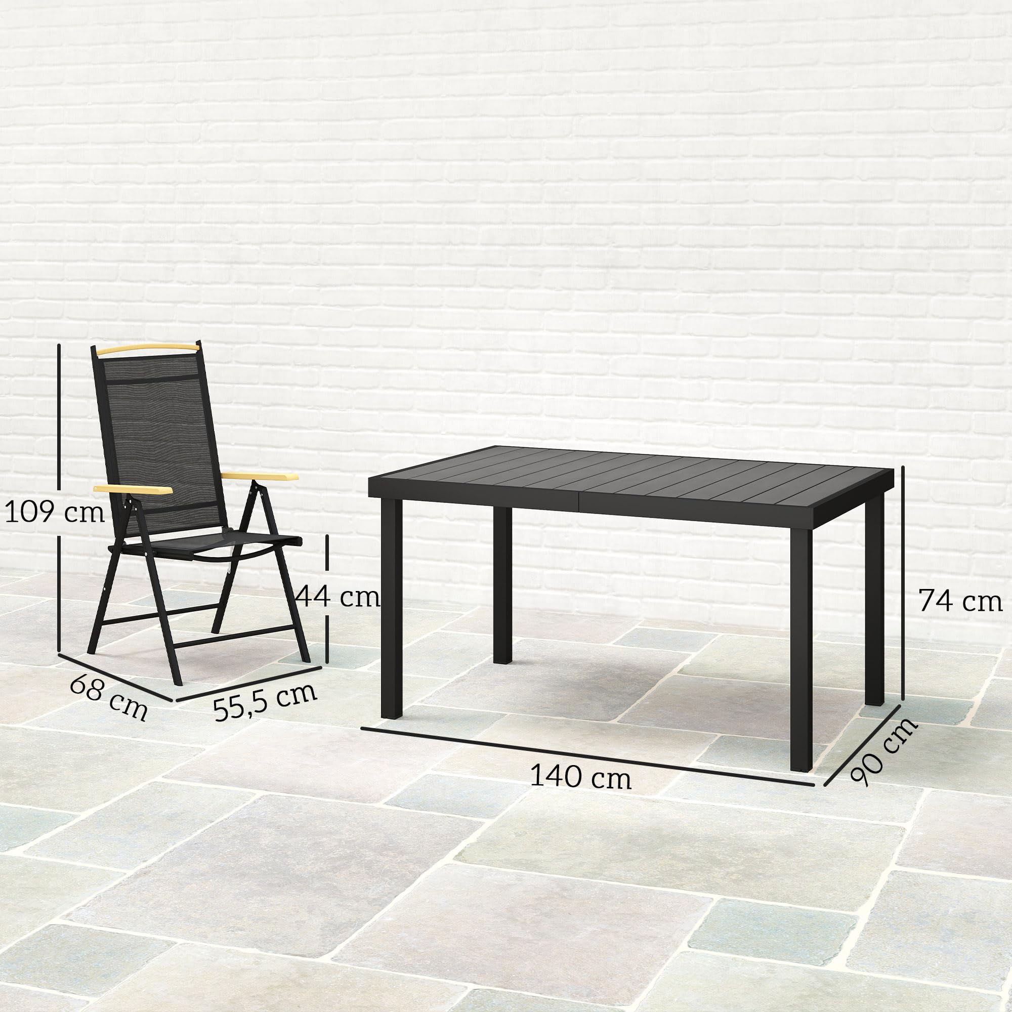 Outsunny Salon de Jardin extérieur 6 Personnes, Table de Jardin extérieure avec 6 chaises, Cadre en Aluminium, chaises Pliables et inclinables, mobilier de terrasse, Patio, Noir