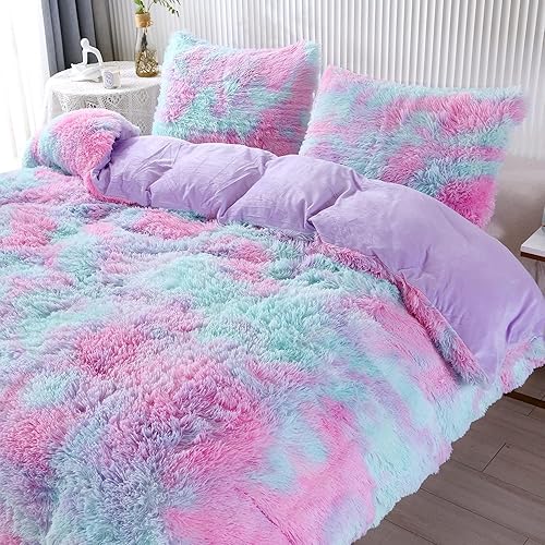 Miniatura 4 de RYNGHIPY Juego de funda de edredón de color morado con diseño de arcoíris y teñido anudado, pelo largo y esponjoso de pelo sintético y terciopelo