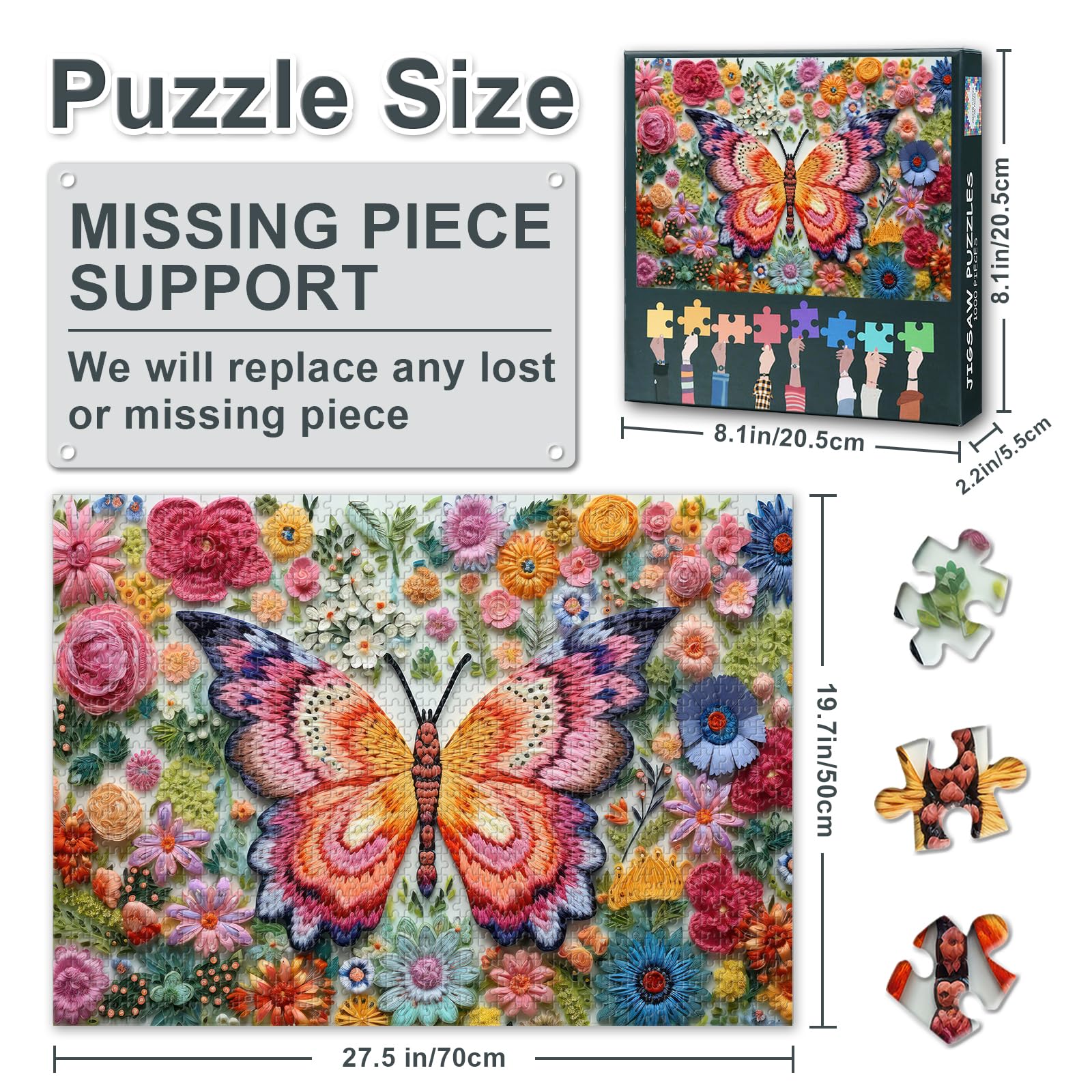 1000 Pieces Butterfly and Flowers Jigsaw Puzzles for Adults Embroidery of Butterfly Jigsaw Puzzle for Adults Artwork Decor Challenging Intelligence Puzzles for Family Indoor Games 27.5"x19.7" - Image 3