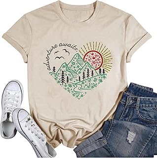 Women Adventure Awaits Outdoor Graphic Tee Shirt Kindness Heart Printed Hike Mountain Nature Travel