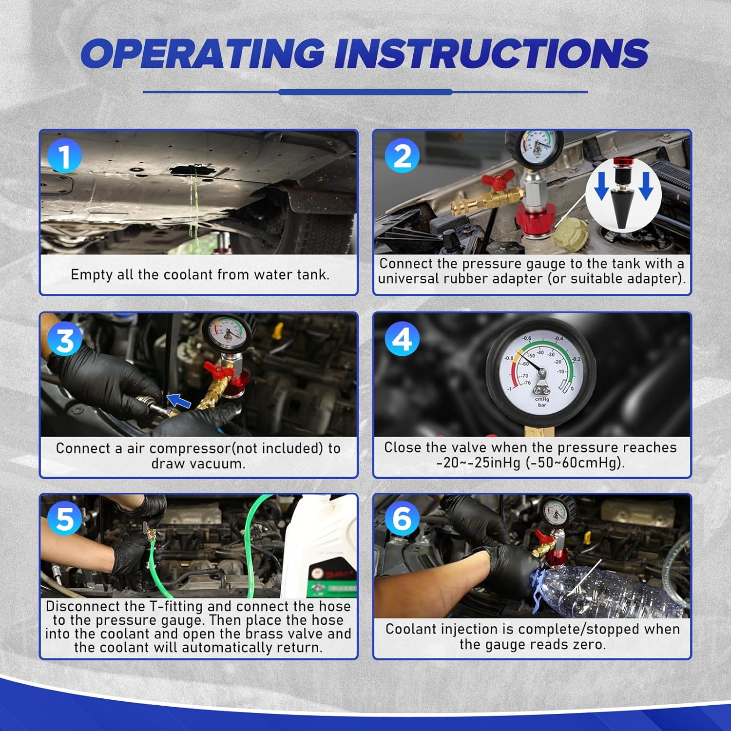 MR CARTOOL Coolant Vacuum Refill Kit Cooling System Vacuum Purge Tool with 4 Size Sealing Gaskets,1 Tapered Adapter, 2 Air Fitting, Brass Connector, Coolant Filling Hose for Most Vehicles