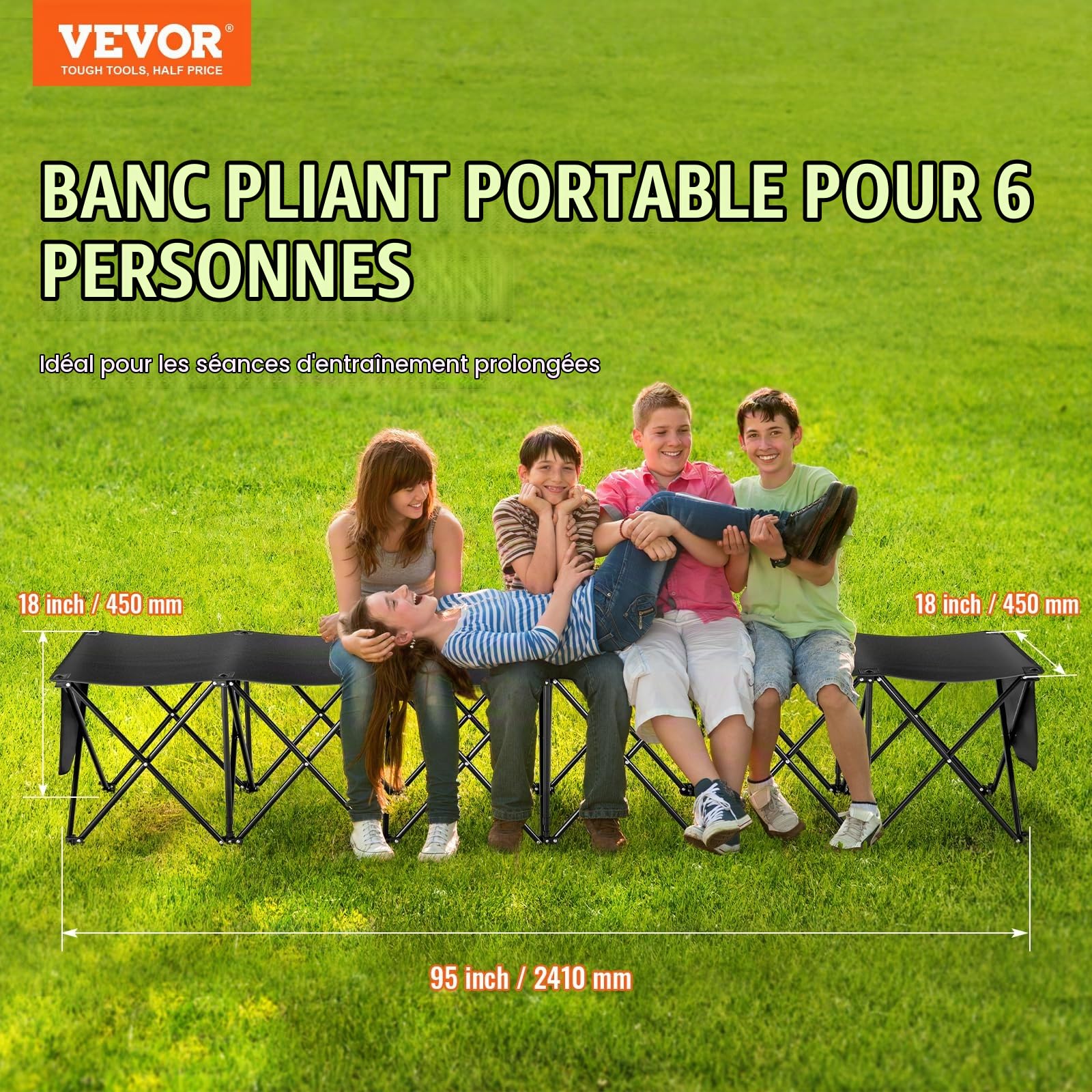 VEVOR Banc Pliant Portable à 6 Places, Banc de Camping Pliable en Plein air avec Sac de Transport, Banc latéral de Sport d'équipe pour Football, Camping, pêche, siège instantané sans Assemblage, Noir