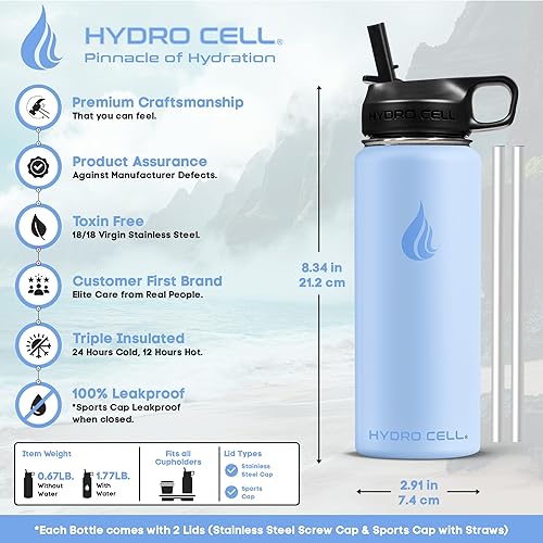 Miniatura 4 de HYDRO CELL Botella de agua aislada de acero inoxidable con pajilla, para bebidas frías y calientes, termo deportivo de metal con tapa de rosca y
