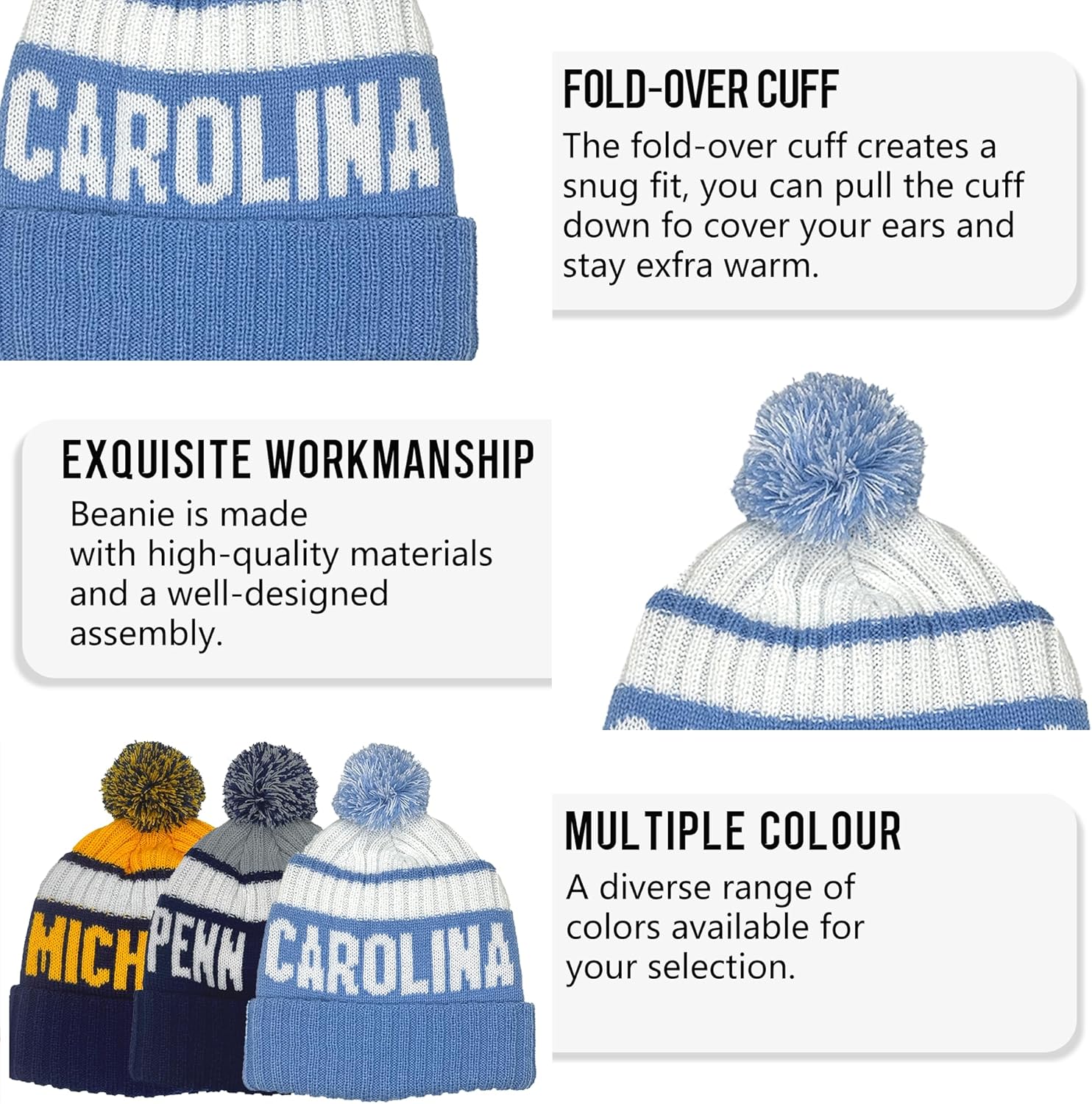 Beanie Knit Hat with Pom Winter Cuffed Cap Sport Fans Gift for Men Women - Image 6