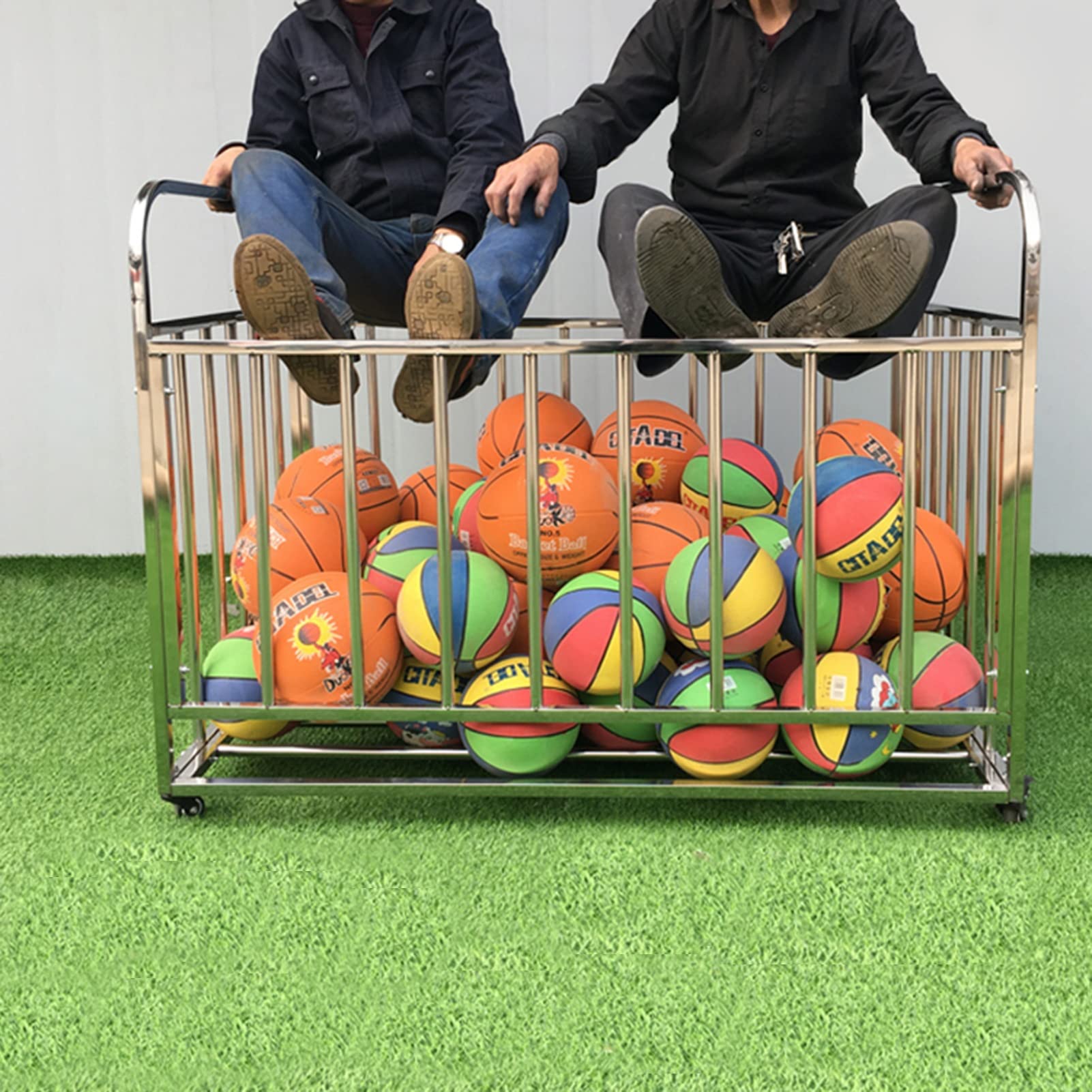 FAXIOAWA Basketbalkooi op wielen, Rolling Sports Ball Storage Cart, Heavy Duty RVS Gym Equipment Rack voor School Speeltuin Kleuterschool (Maat: 110x63x85cm)