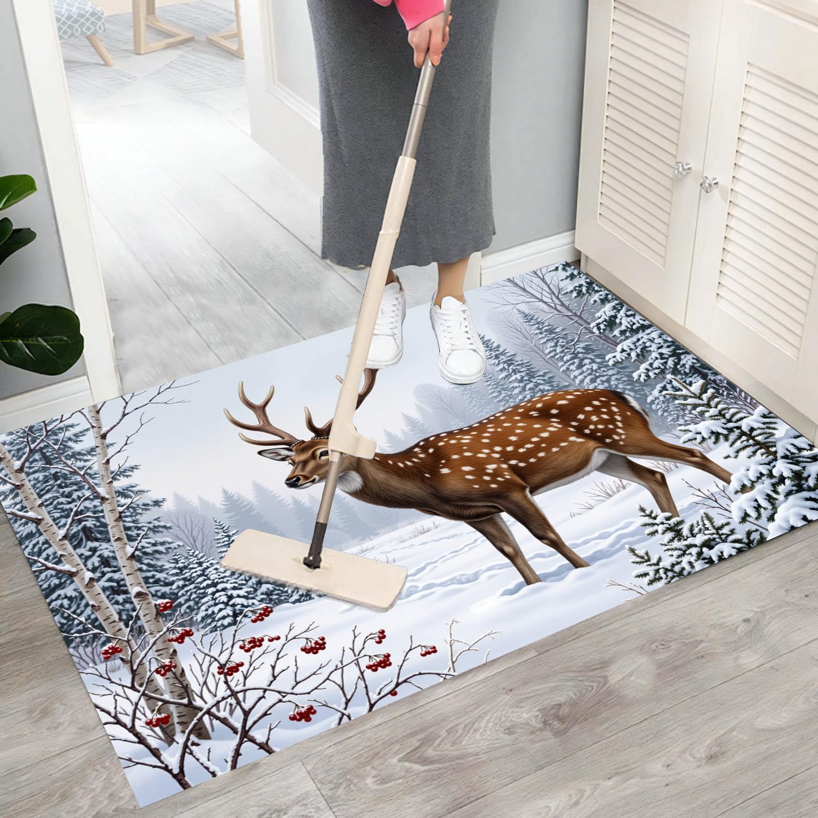Fußmatte Innen Und Außen 80 X 120 cm,Männlicher Hirsch Winterwald rutschfeste Fußmatte Outdoor,Realistische Tierwelt Fussmatte Aussen Gummi,Schmutzfangmatte Waschbar, Braun