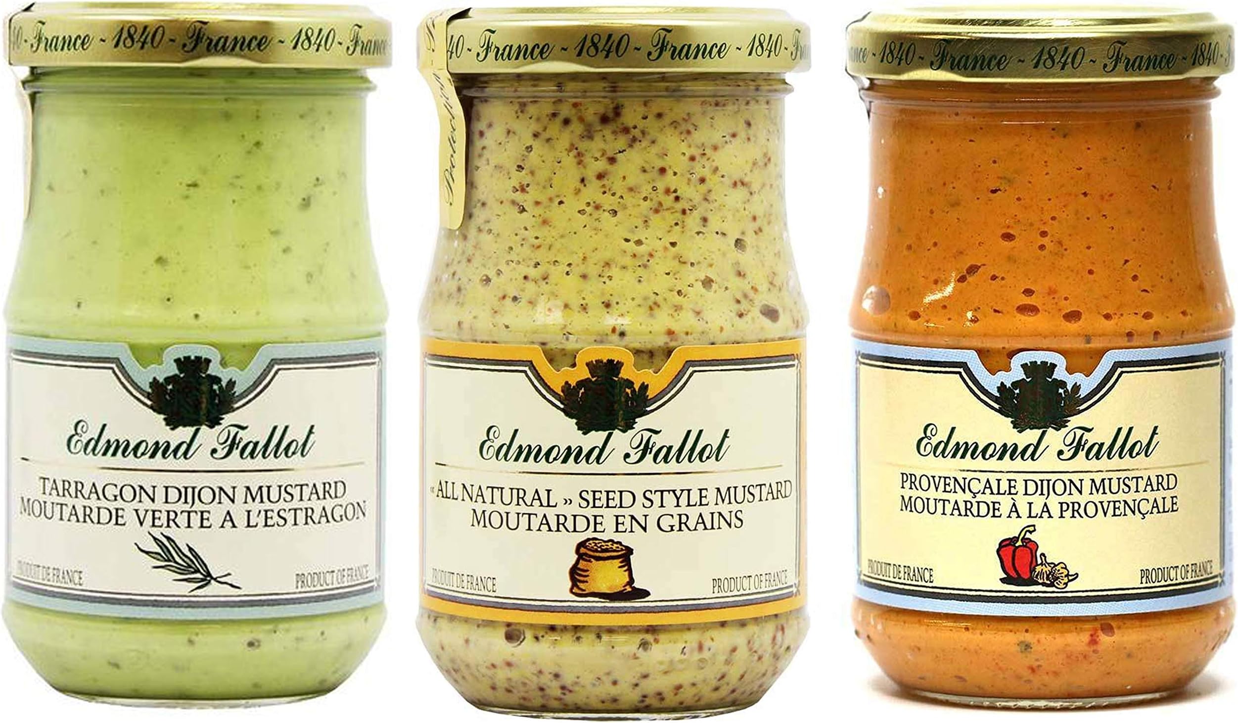 Edmond Fallot Mustard 3 Pack Assortment of Three Popular Flavors, Tarragon, All Natural Seed Style and Provencale Red Pepper (7 Ounce Bottle of Each)