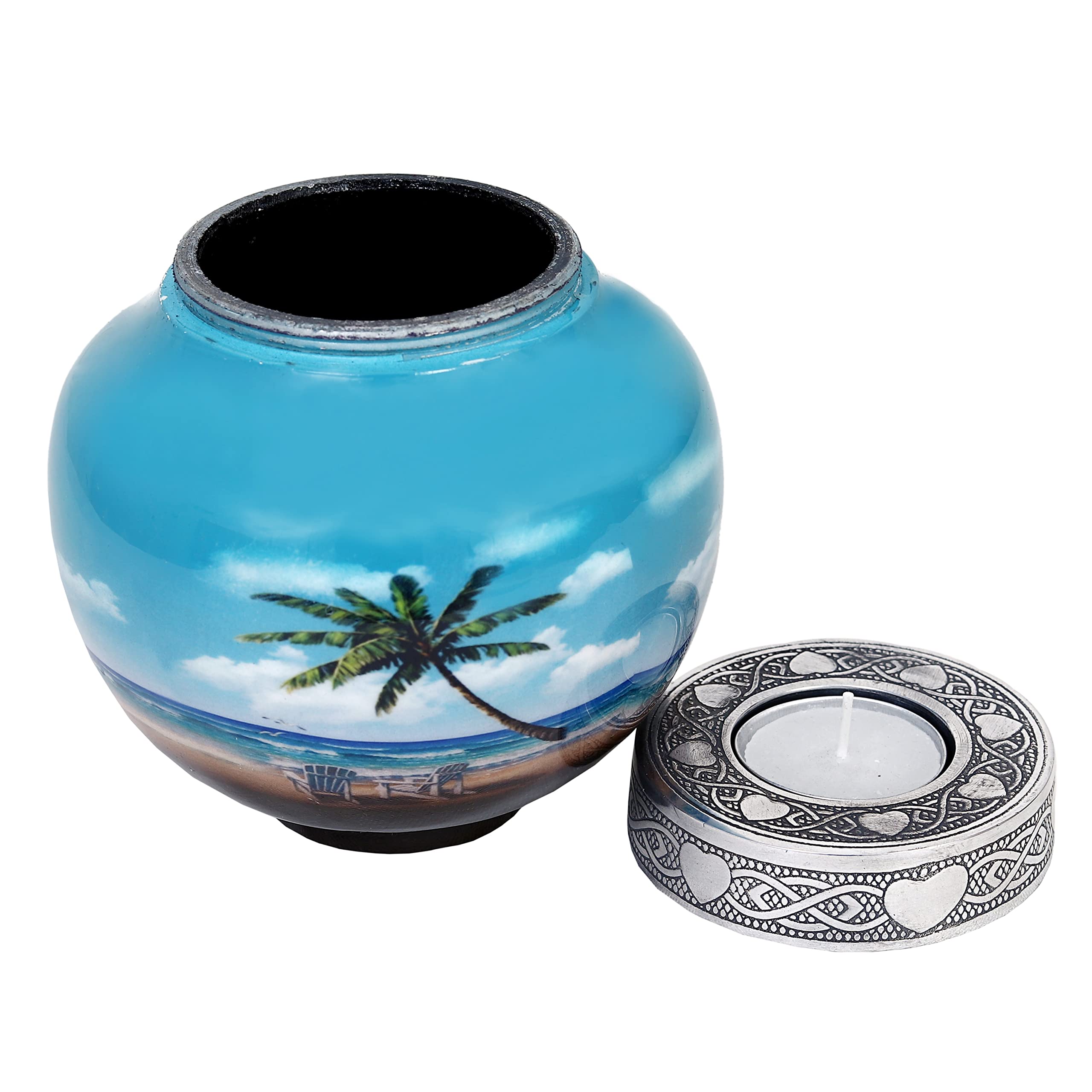 HLC Urna da spiaggia incantevole da spiaggia con palma blu, urna per cremazione delle ceneri umane, urna per ricordare la persona amata, urna funerale media, moderna e bella urna commemorativa 6 x