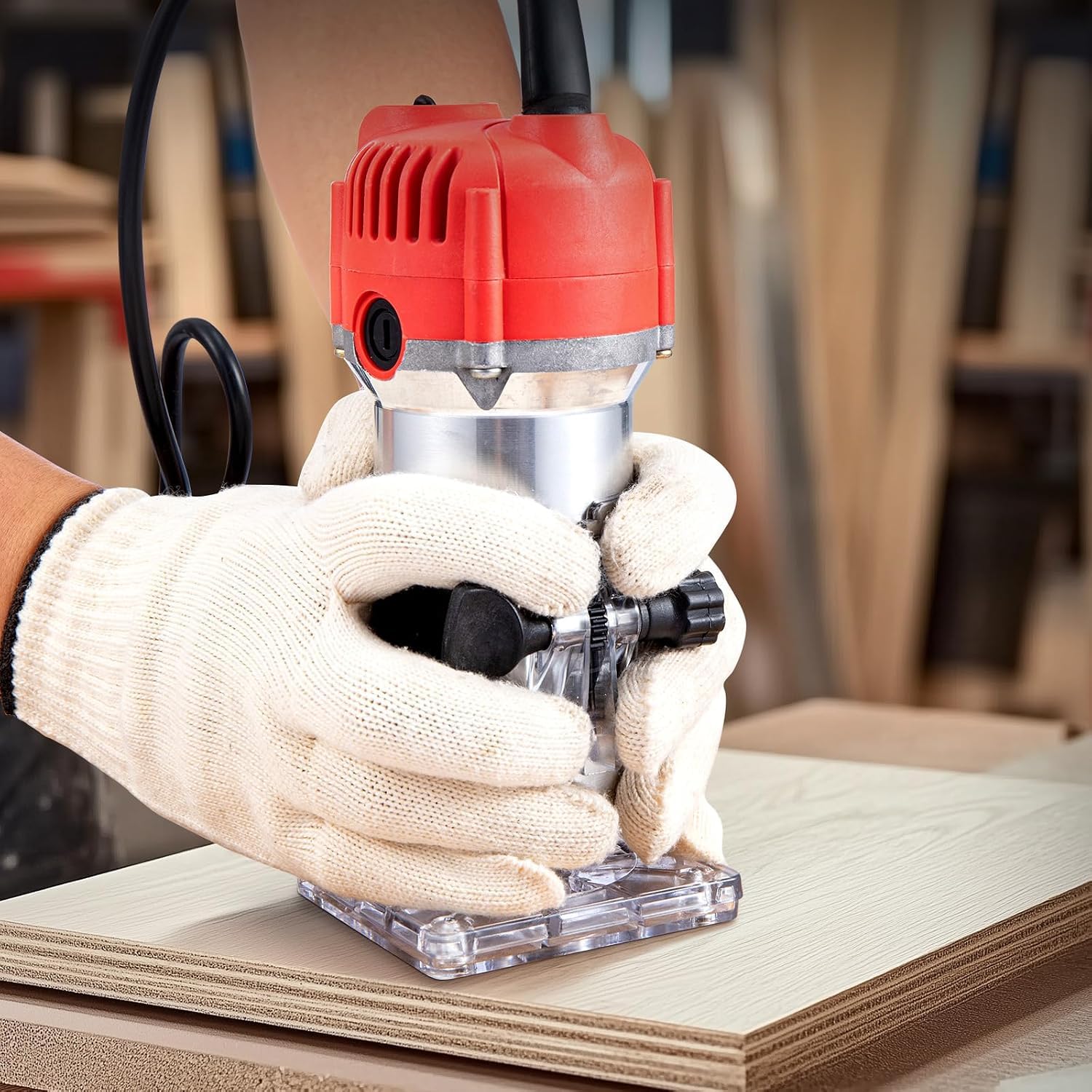 Défonceuse Palm Router 800W, Vitesse Variable 10000-33000 TR/Min, Fraise à Bois Compacte Électrique avec Mandrin 1/4" et Kit de Fraises de 15 Pièces pour Chant, Rainure, Chanfrein, Bricolage,Red