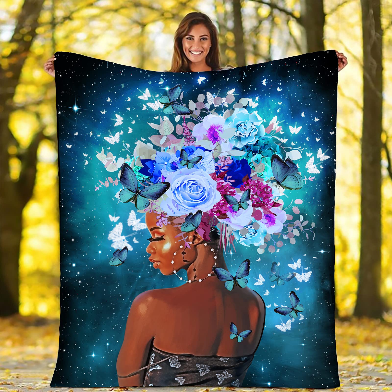 PNNUO Throw Blanket, African Women Butterflies Soft Flannel Blanket Lightweight Velvet Blanket Home Decoration Luxurious Bed Blanket Fits Sofa Couch Living Room Office for Women Men Kids