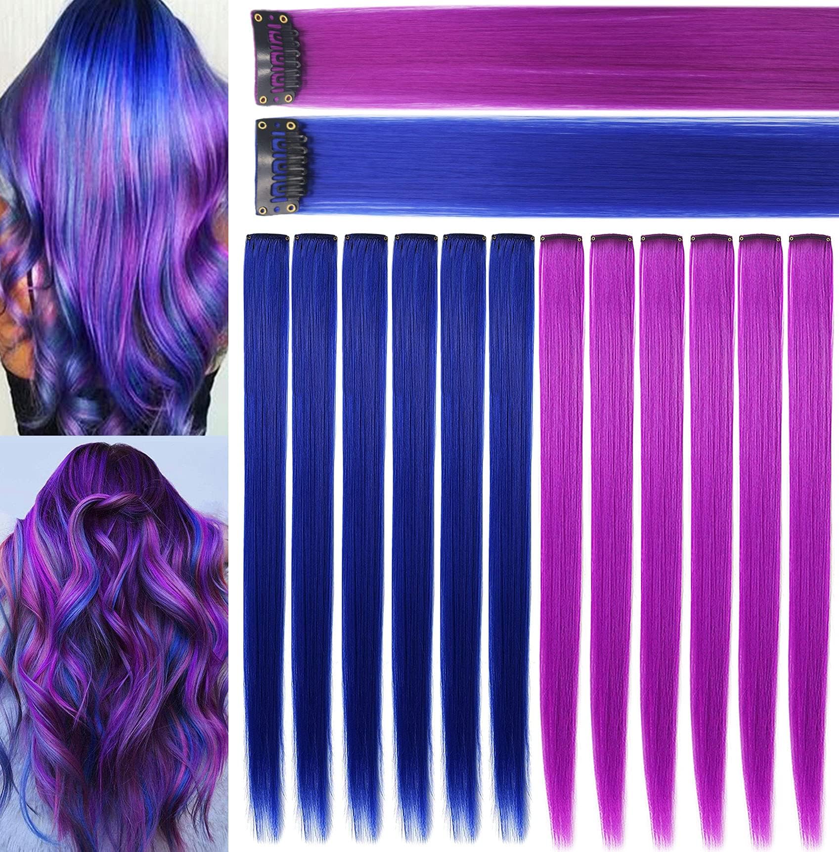 Rhyme Purple Blue Wig Hairpieces 21 inch Colored Hair Extension Clip in/on for Amercian Girls and Women Princess Party Highlight Wig Pieces for Girls 12 PCS (Purple Blue)